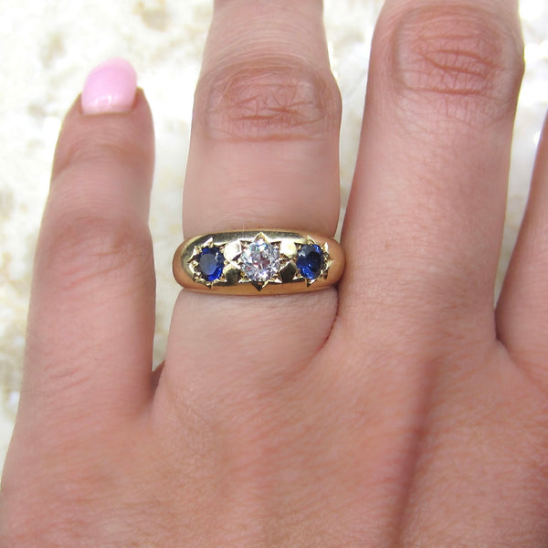 Antique 18k Gold Old European Cut Diamond and Sapphire Ring c.1900