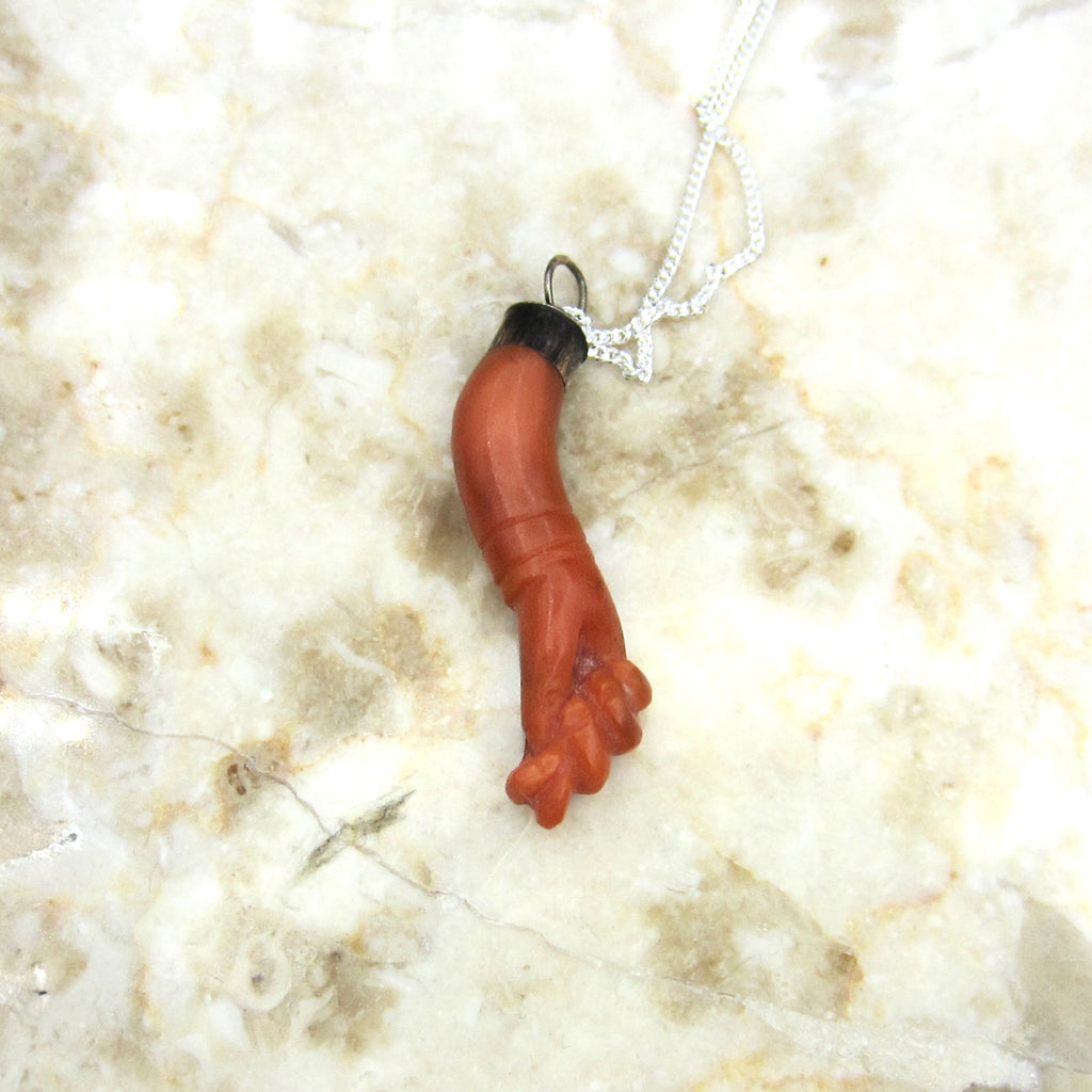 Antique Coral Figa Charm Pendant Sterling Silver c.1900
