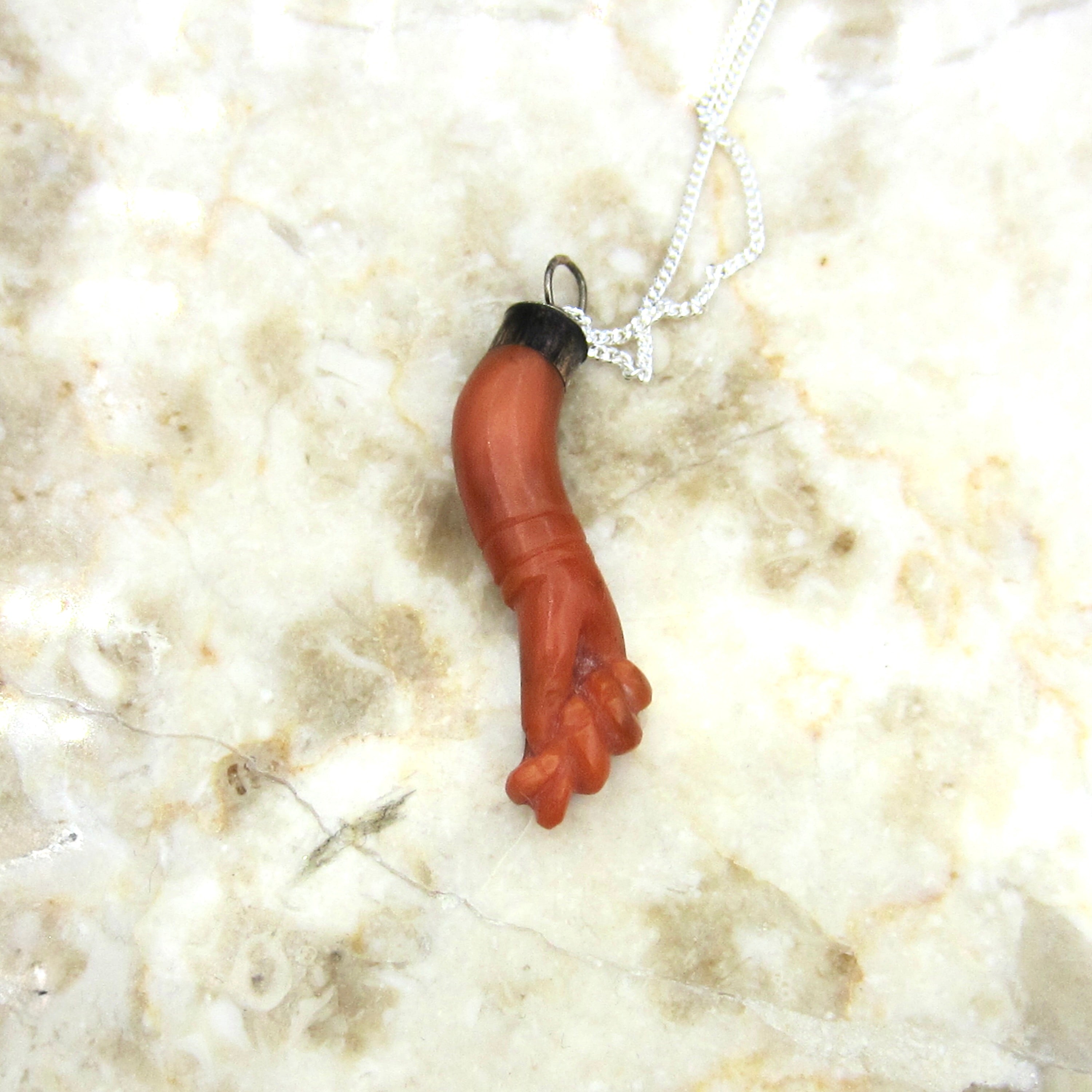 Antique Coral Figa Charm Pendant Sterling Silver c.1900