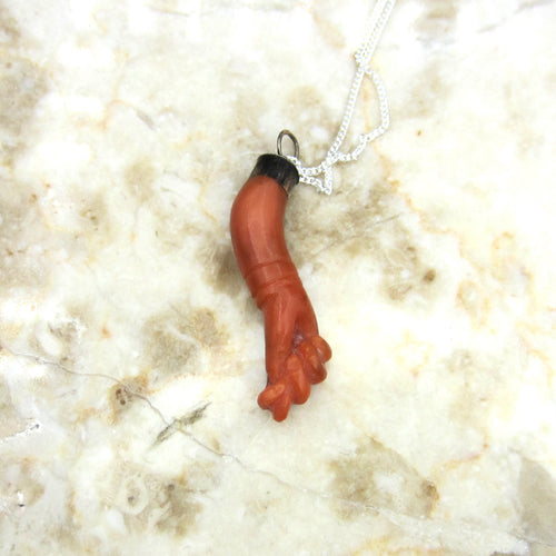 Antique Coral Figa Charm Pendant Sterling Silver c.1900