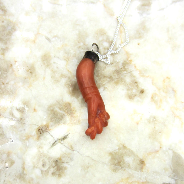 Antique Coral Figa Charm Pendant Sterling Silver c.1900