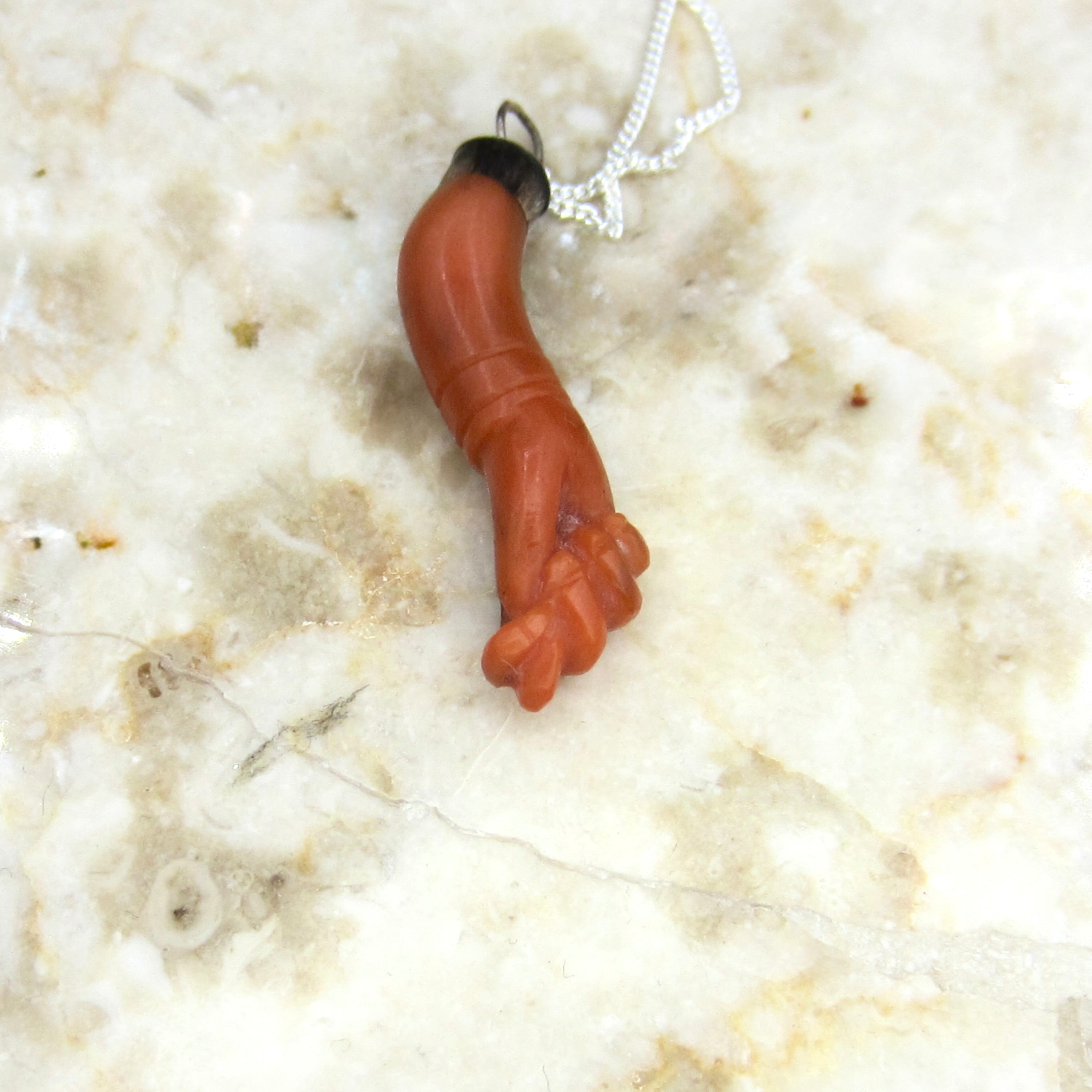 Antique Coral Figa Charm Pendant Sterling Silver c.1900