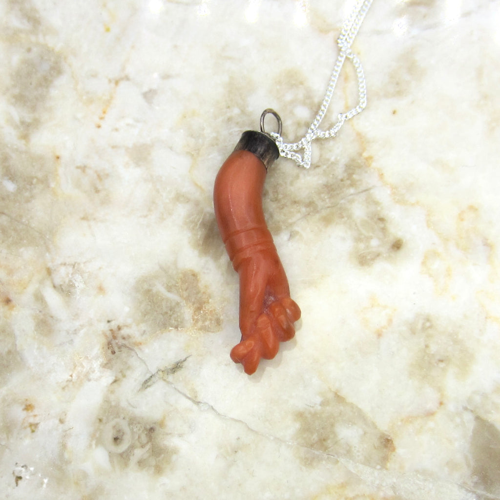 Antique Coral Figa Charm Pendant Sterling Silver c.1900