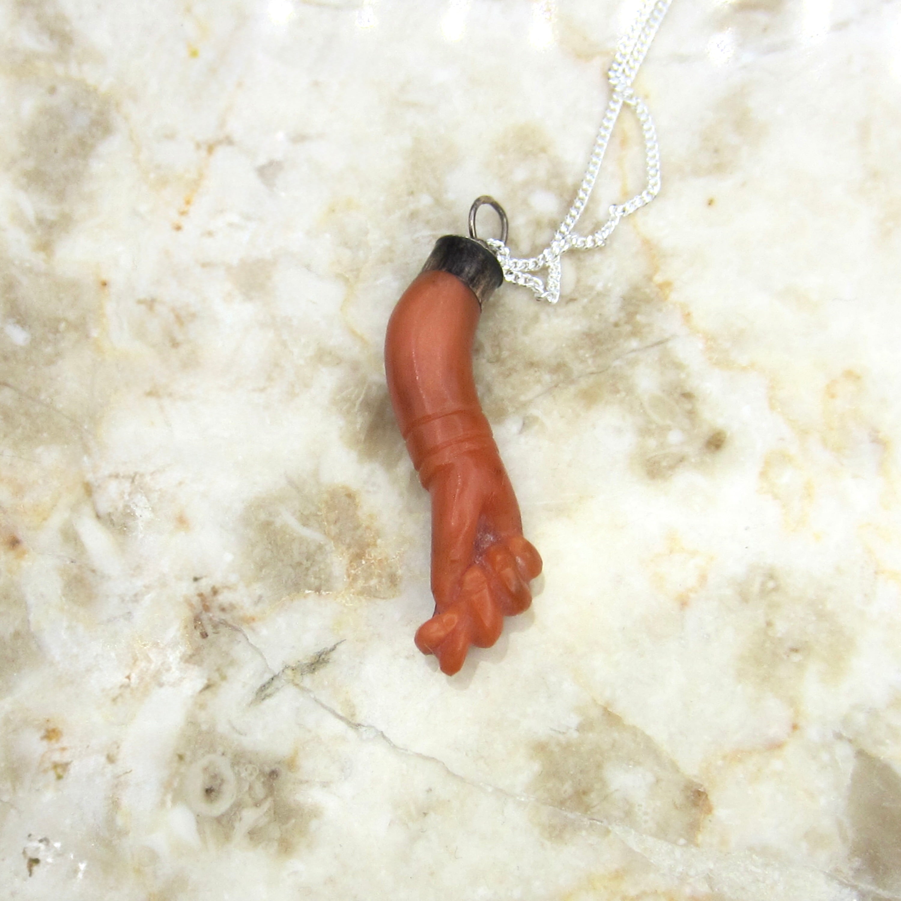 Antique Coral Figa Charm Pendant Sterling Silver c.1900