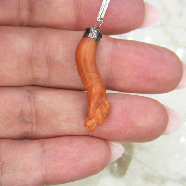 Antique Coral Figa Charm Pendant Sterling Silver c.1900