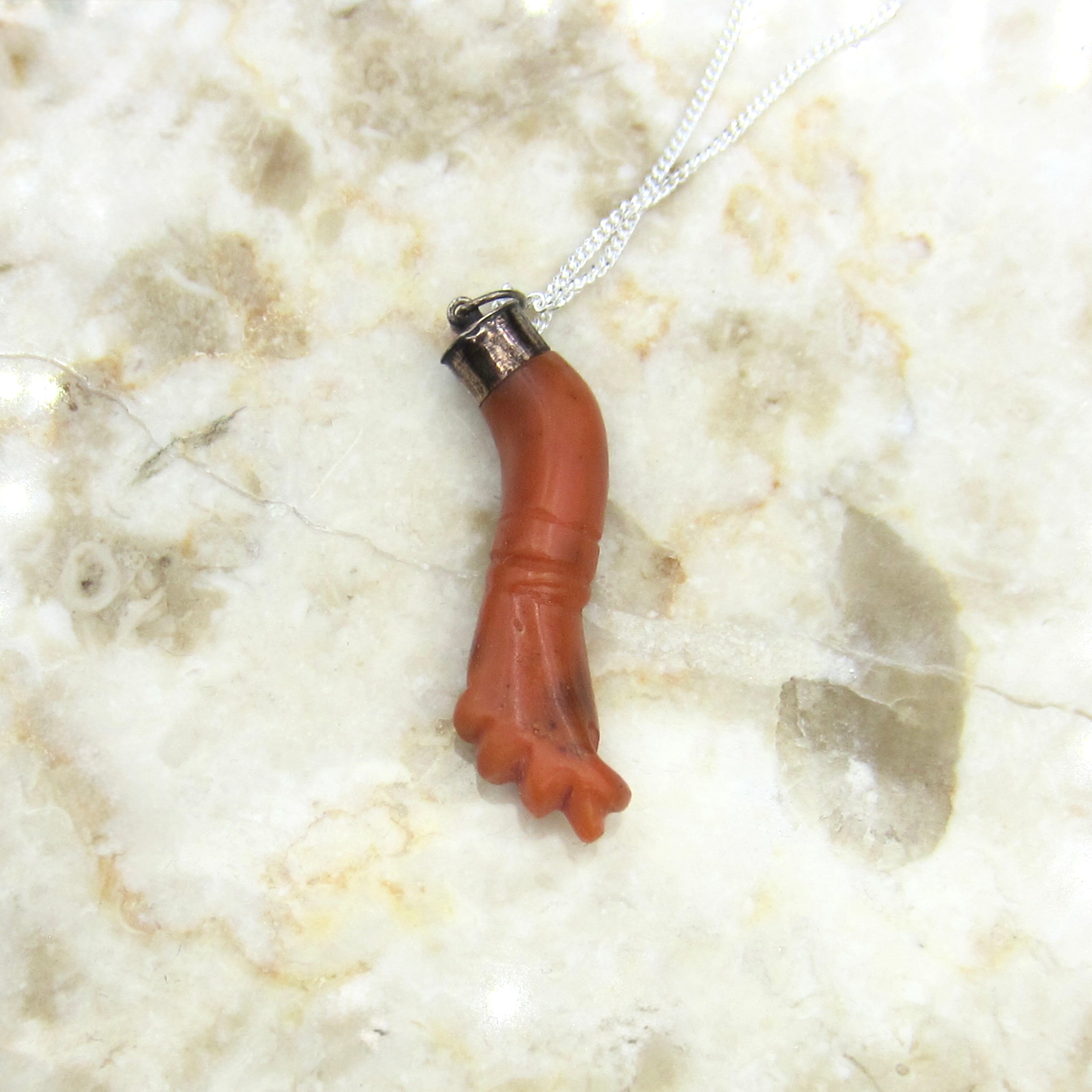 Antique Coral Figa Charm Pendant Sterling Silver c.1900