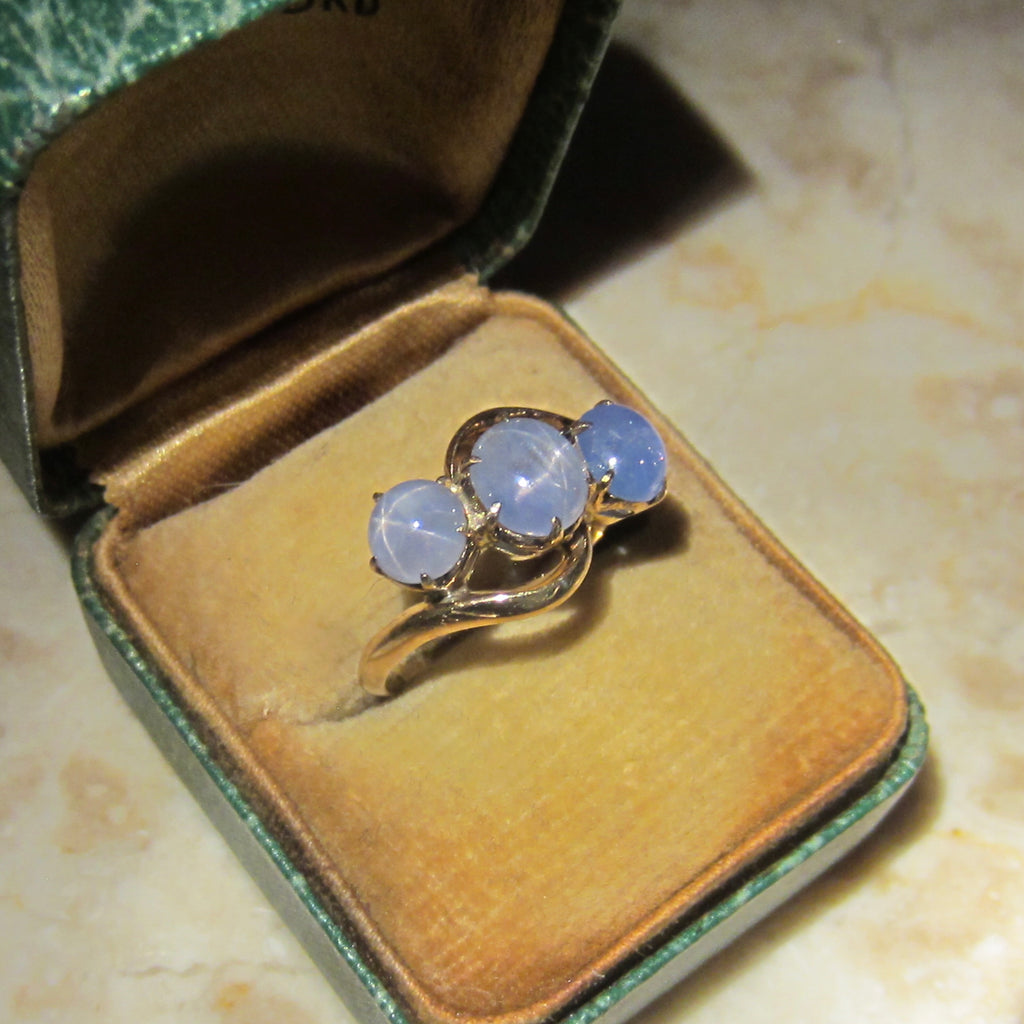 Vintage 14k Gold Triple Star Sapphire Ring c.1940s