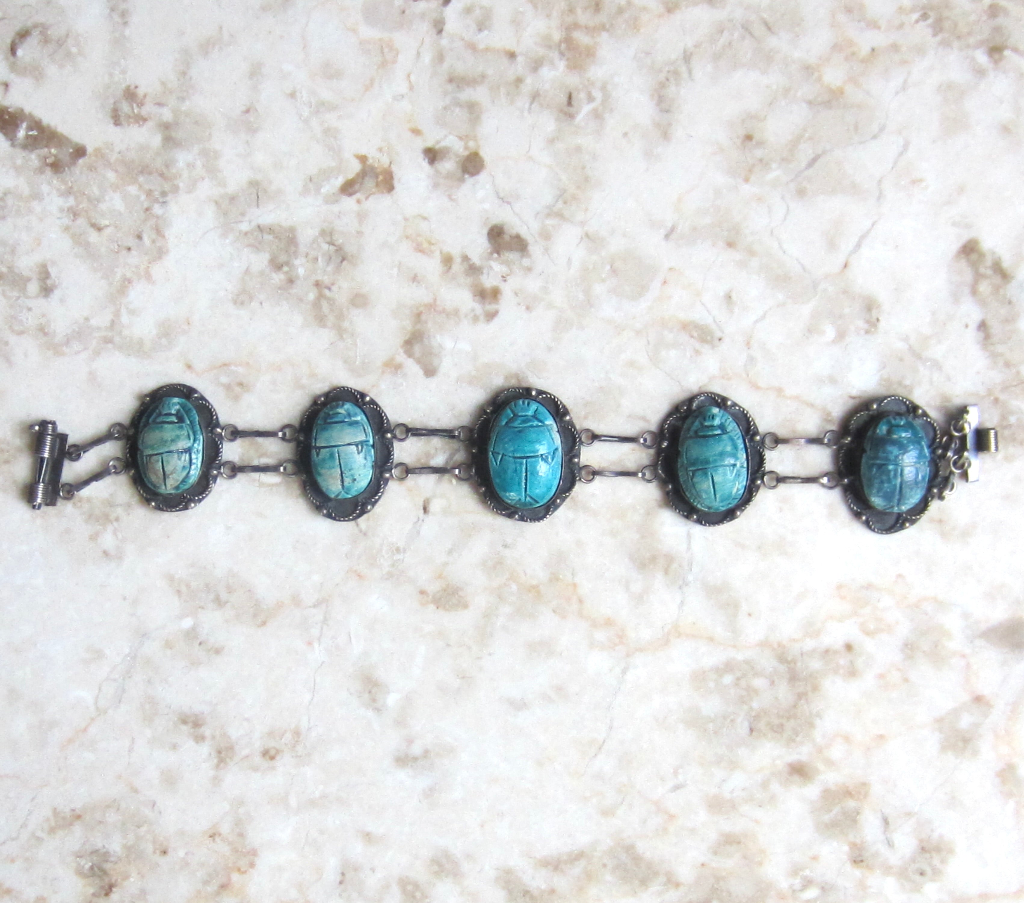 Vintage 800 Silver Egyptian Scarab Bracelet c.1970s