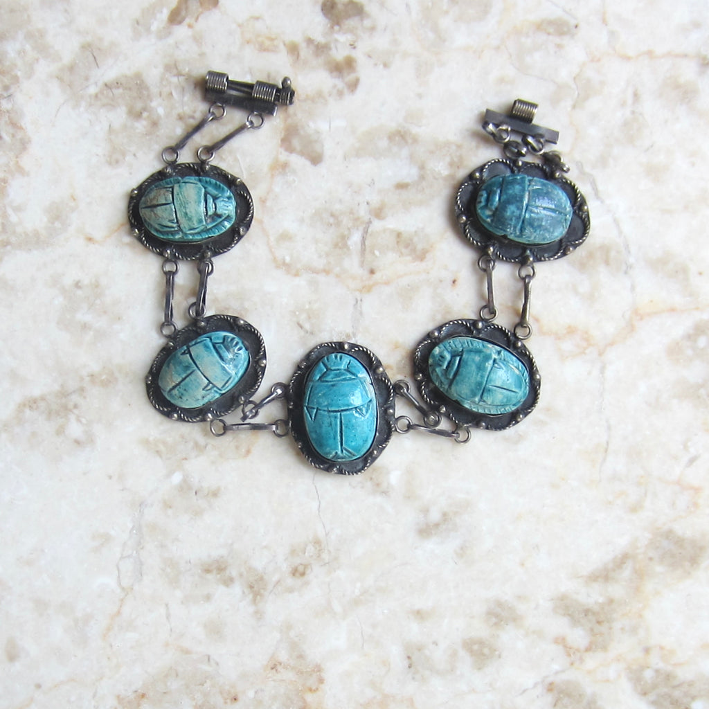 Vintage 800 Silver Egyptian Scarab Bracelet c.1970s
