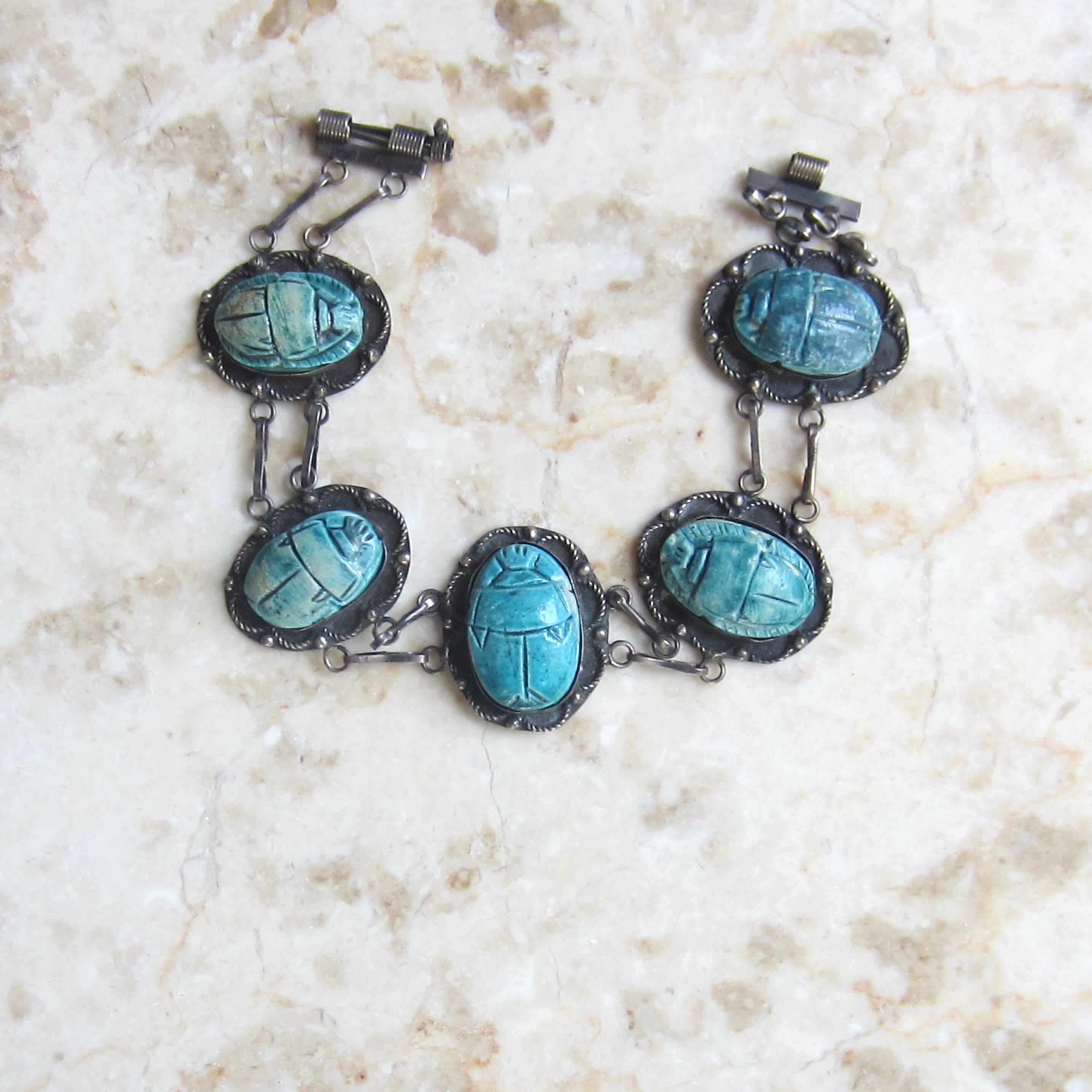 Vintage 800 Silver Egyptian Scarab Bracelet c.1970s