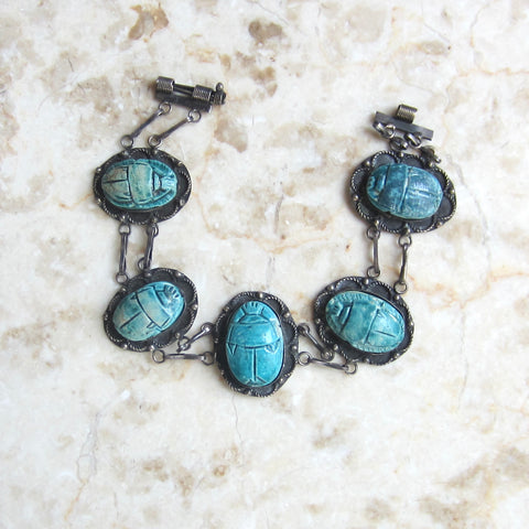 Vintage 800 Silver Egyptian Scarab Bracelet c.1970s