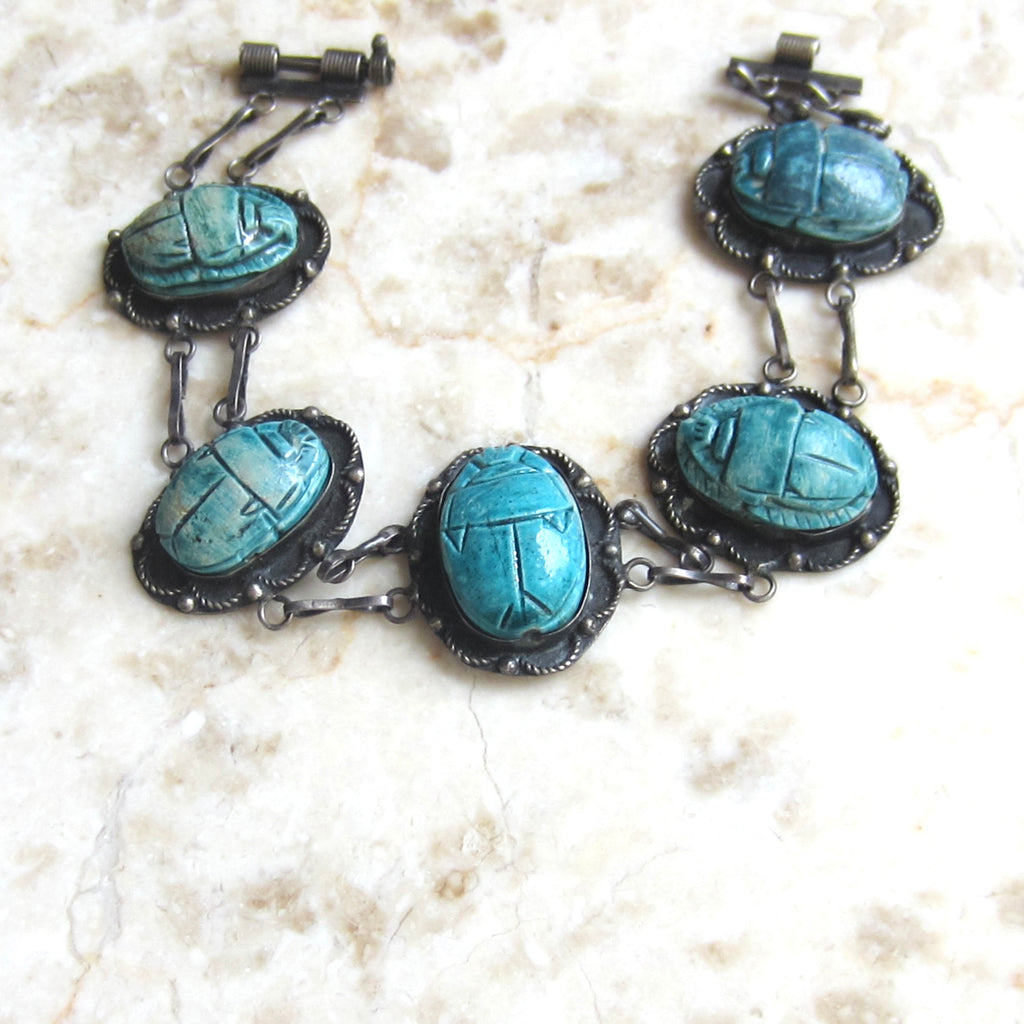 Vintage 800 Silver Egyptian Scarab Bracelet c.1970s