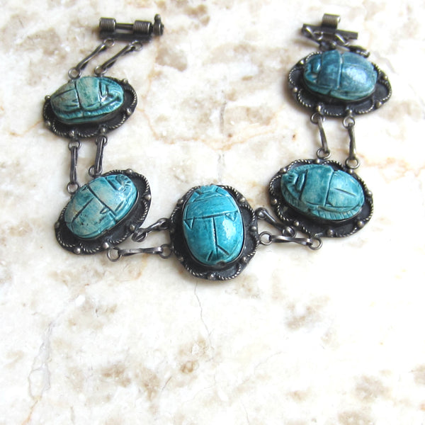 Vintage 800 Silver Egyptian Scarab Bracelet c.1970s
