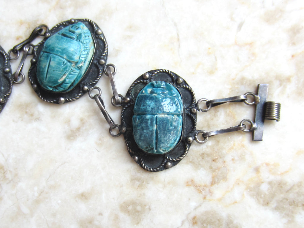 Vintage 800 Silver Egyptian Scarab Bracelet c.1970s