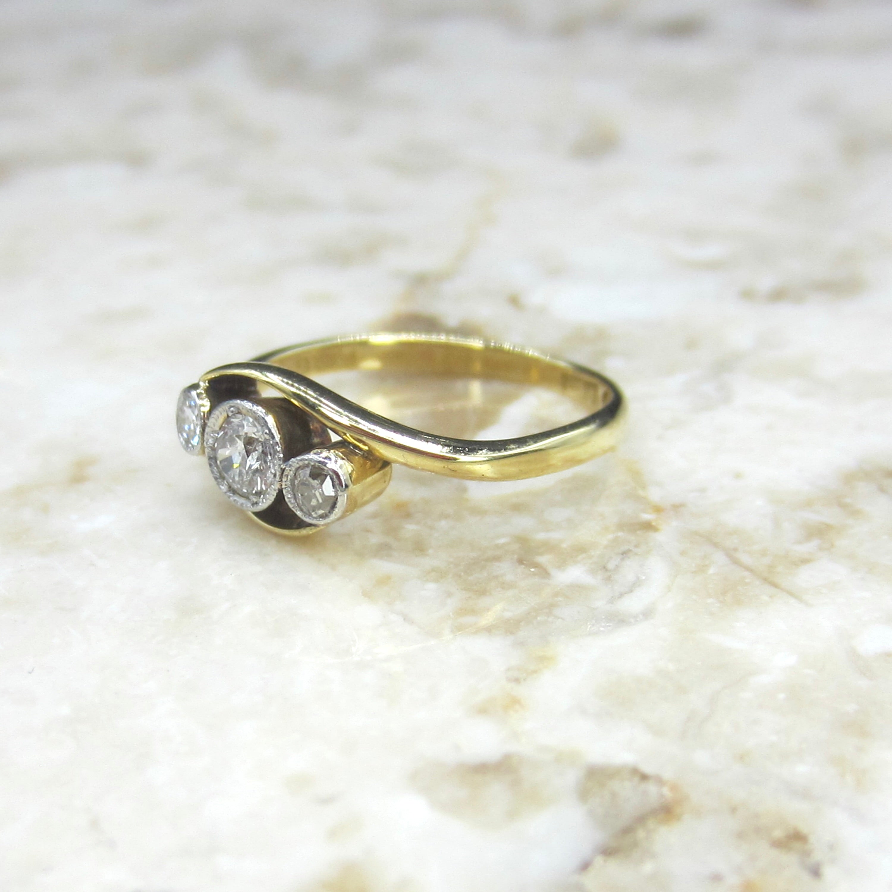 Vintage 18k Gold Bezel Set Diamond Trilogy Ring c.1930s