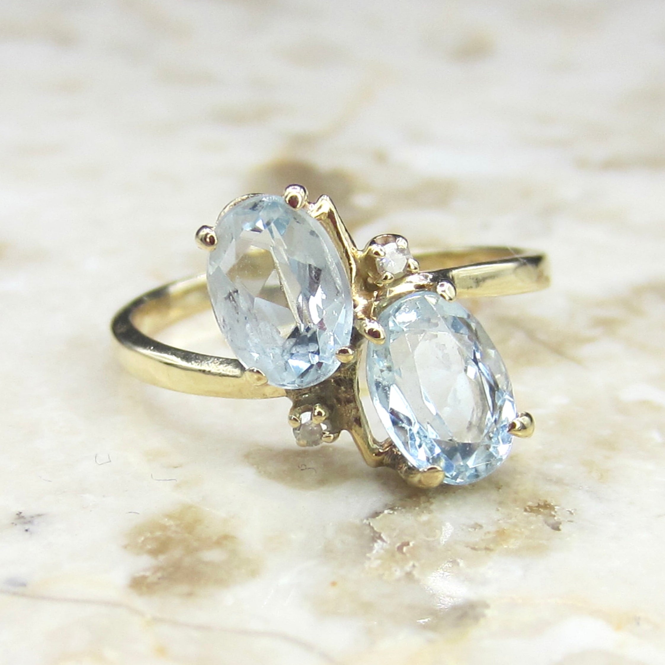 Vintage 14k Gold Aquamarine and Diamond Toi et Moi Ring
