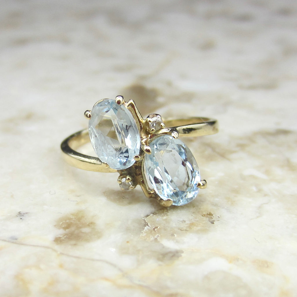 Vintage 14k Gold Aquamarine and Diamond Toi et Moi Ring