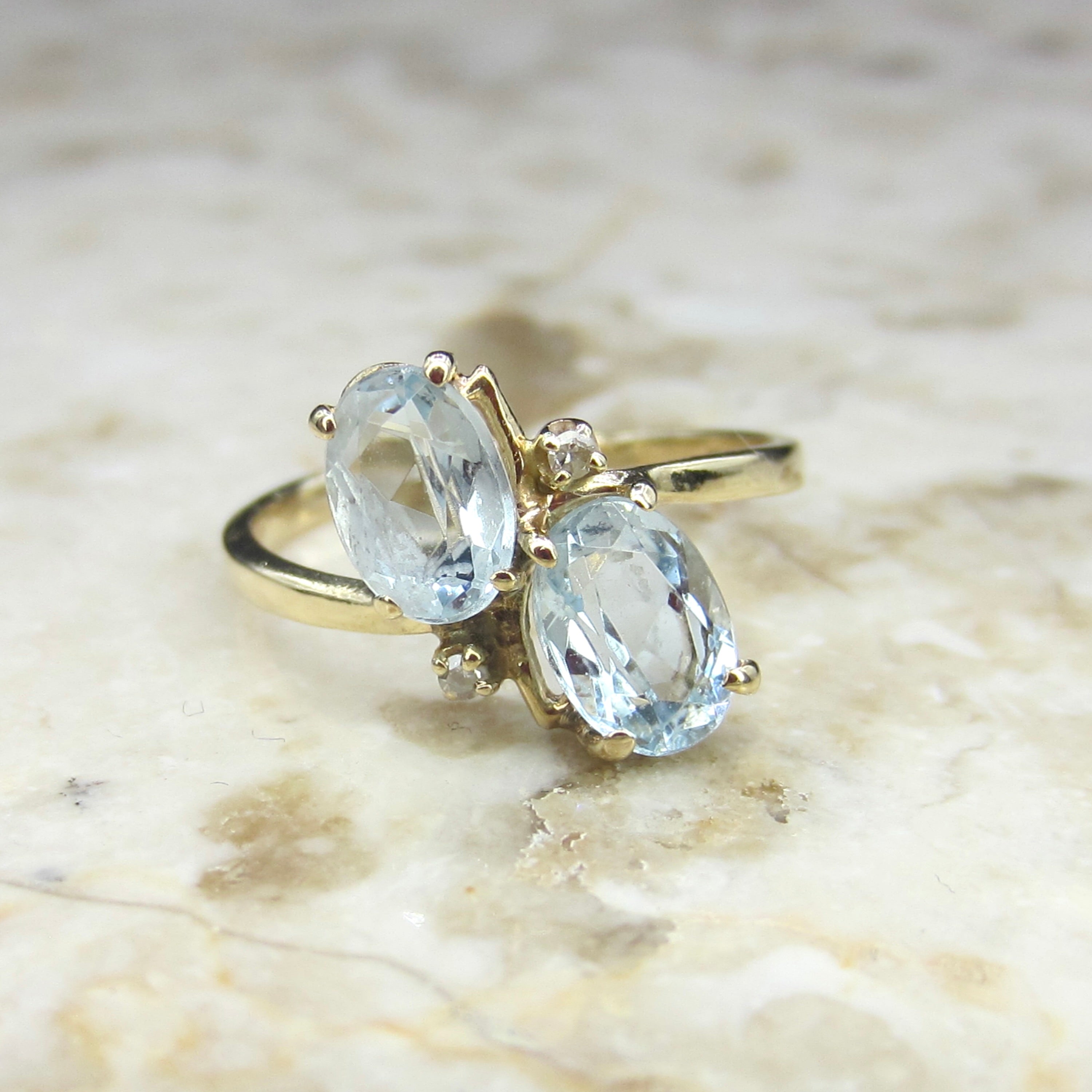 Vintage 14k Gold Aquamarine and Diamond Toi et Moi Ring