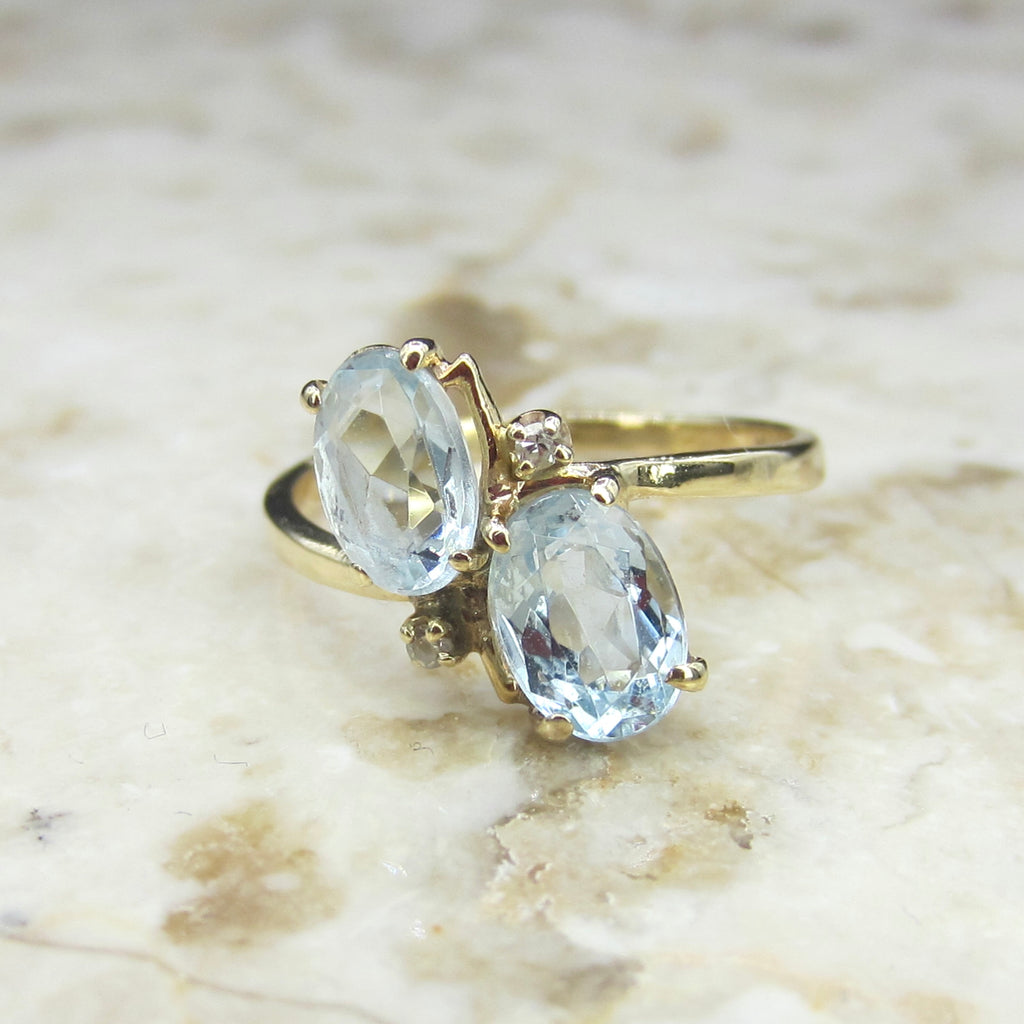 Vintage 14k Gold Aquamarine and Diamond Toi et Moi Ring