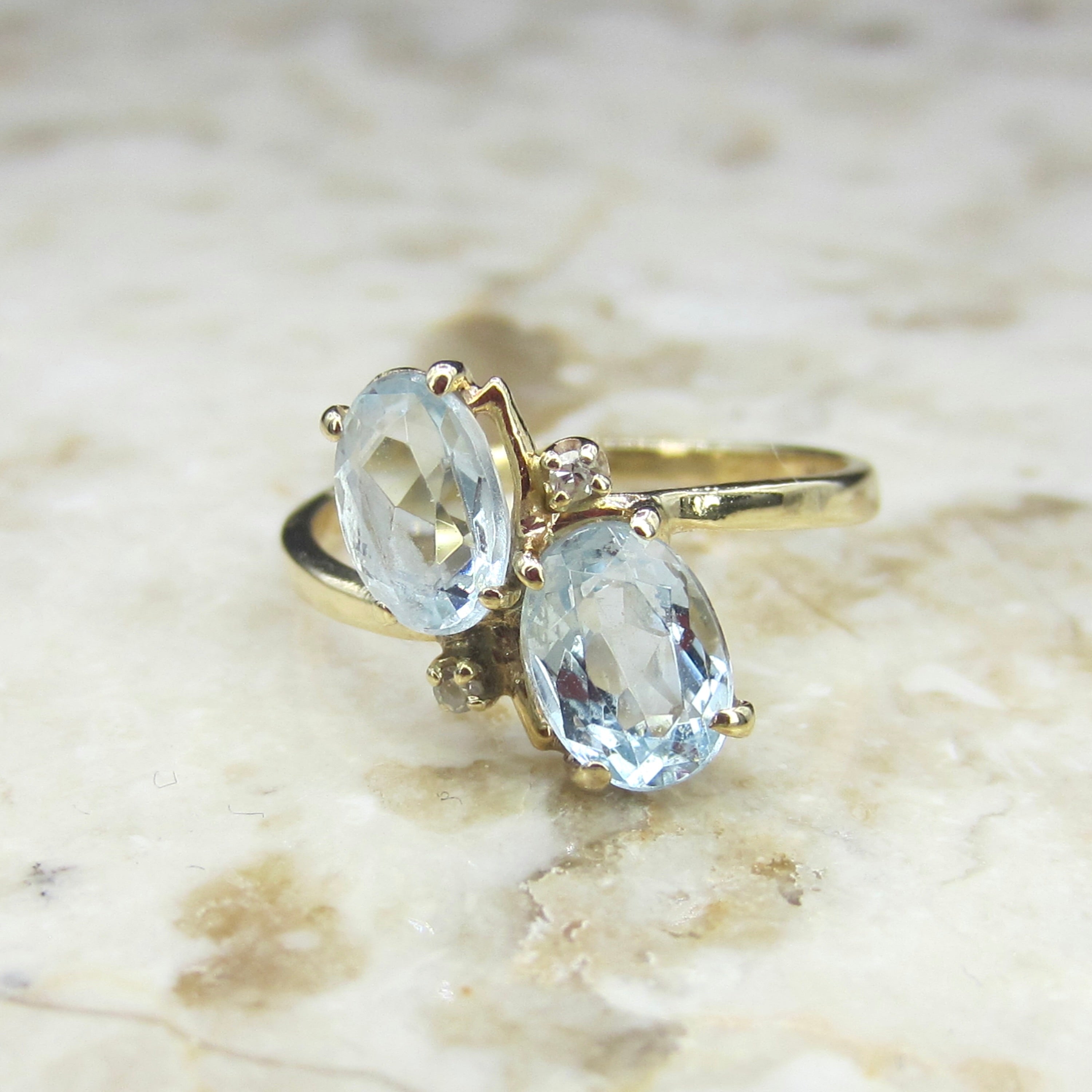 Vintage 14k Gold Aquamarine and Diamond Toi et Moi Ring