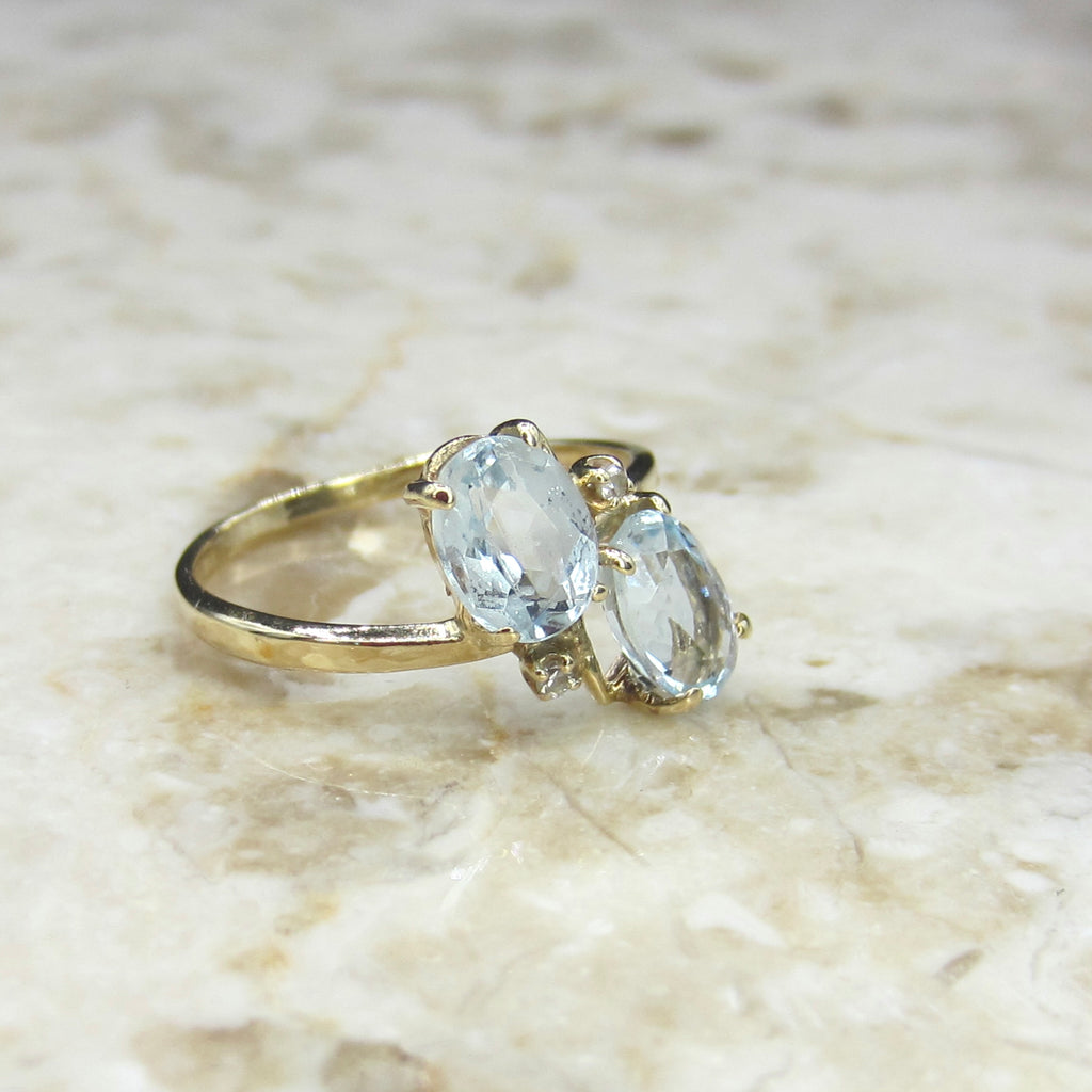 Vintage 14k Gold Aquamarine and Diamond Toi et Moi Ring