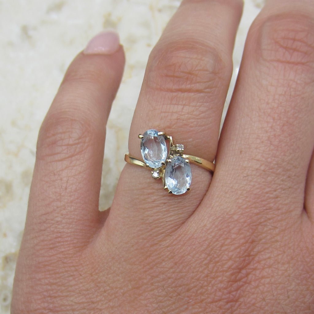 Vintage 14k Gold Aquamarine and Diamond Toi et Moi Ring