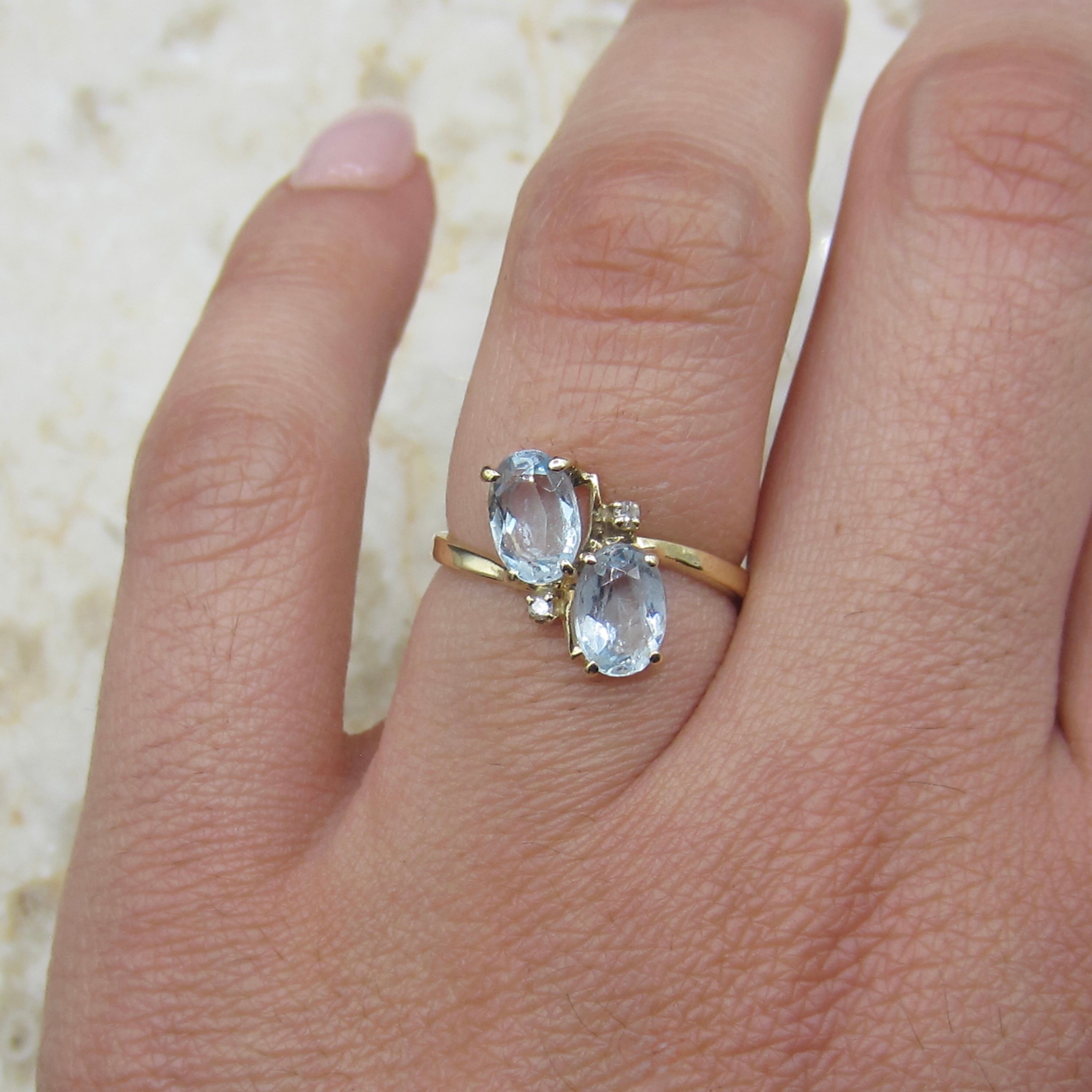 Vintage 14k Gold Aquamarine and Diamond Toi et Moi Ring
