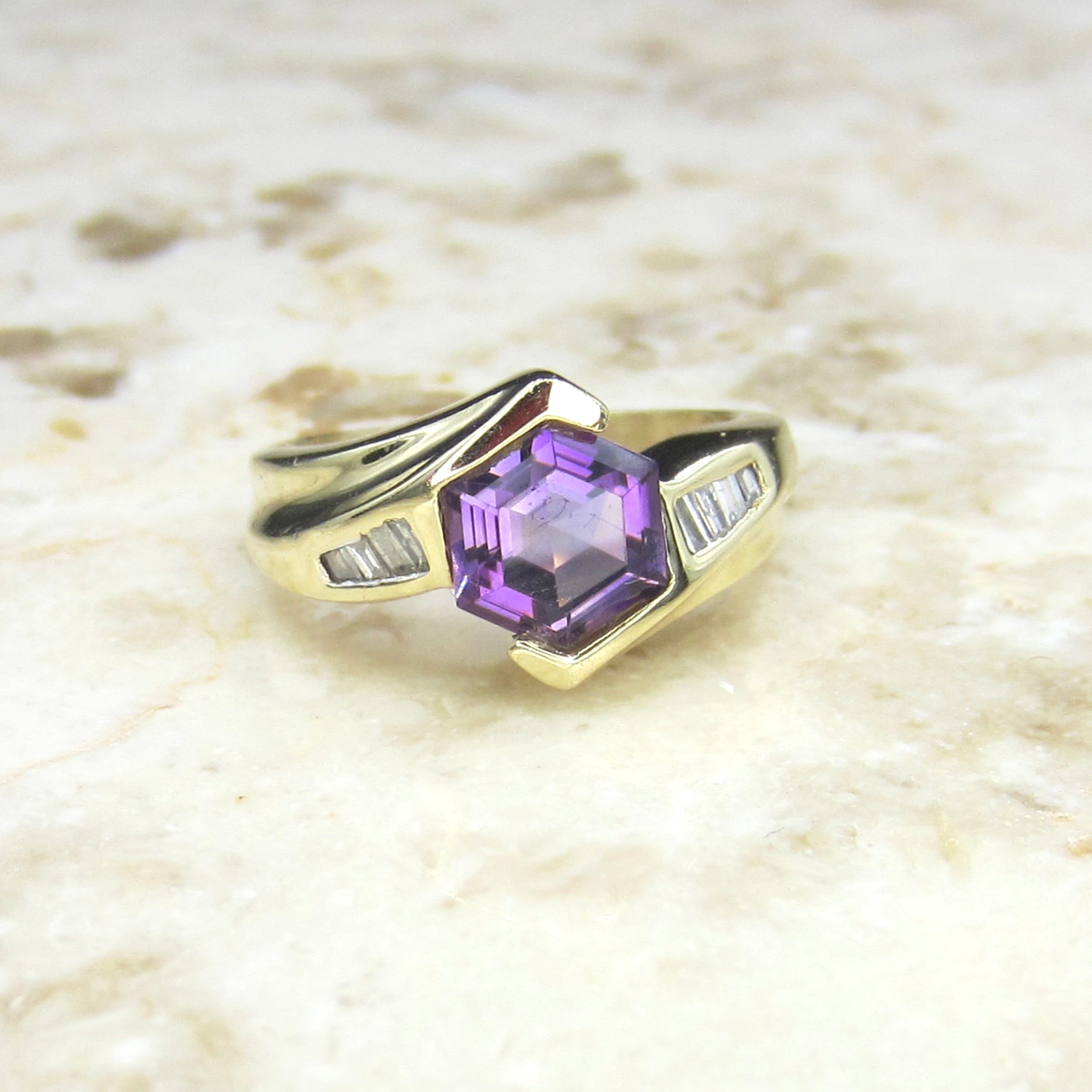 Vintage 14k Gold Hexagon Amethyst and Diamond Ring c.1990s