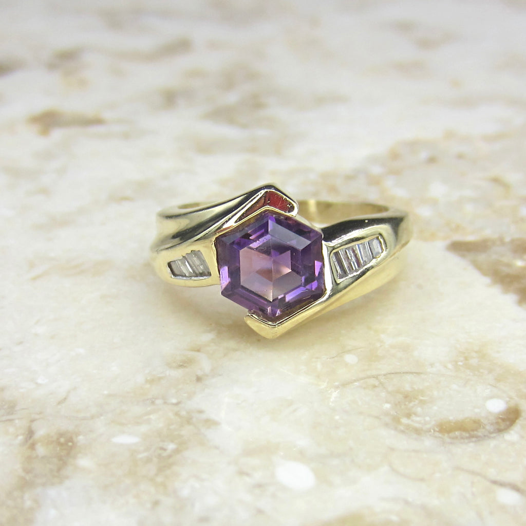 Vintage 14k Gold Hexagon Amethyst and Diamond Ring c.1990s