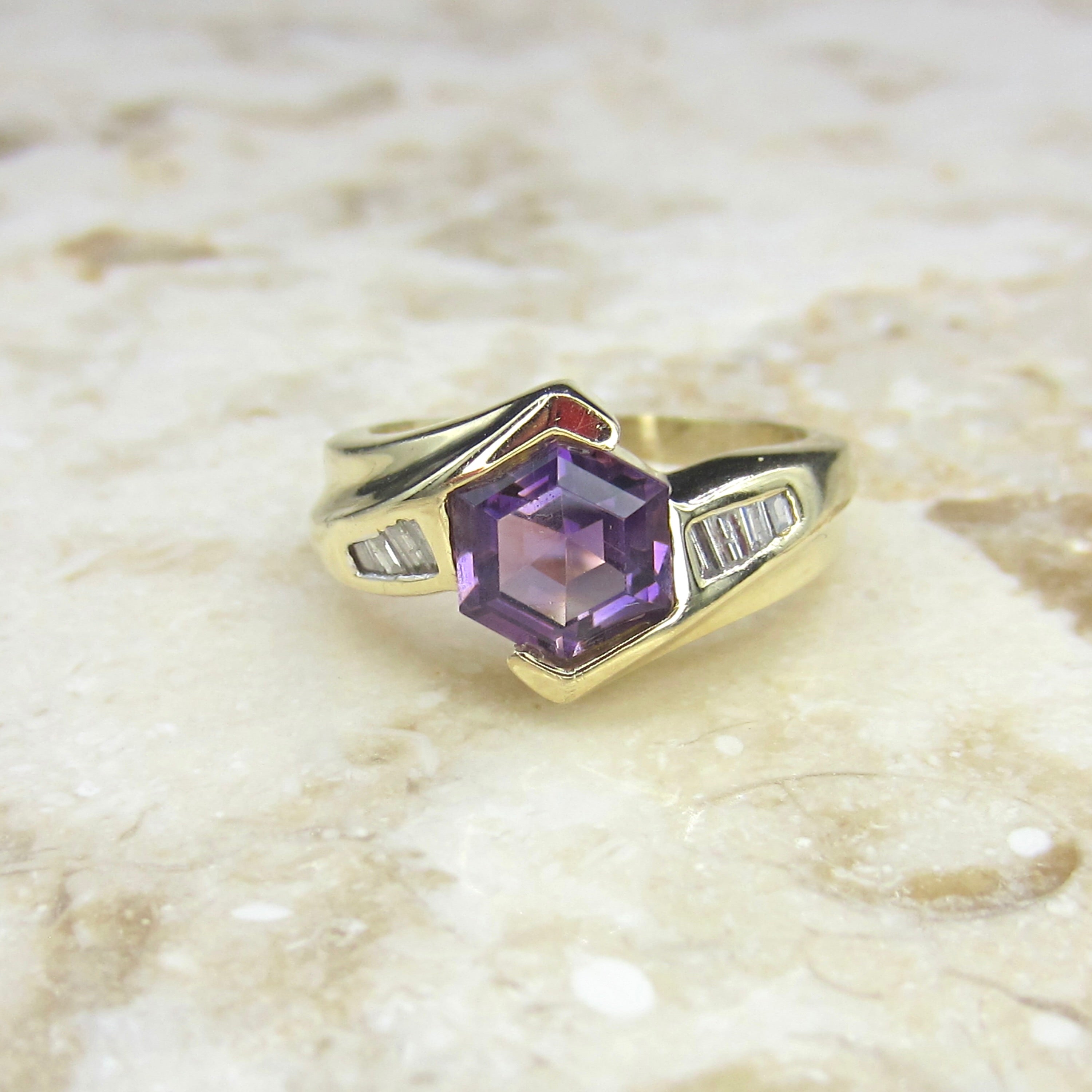 Vintage 14k Gold Hexagon Amethyst and Diamond Ring c.1990s