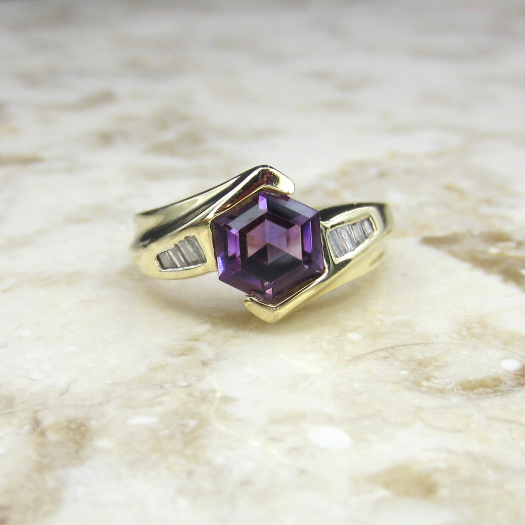 Vintage 14k Gold Hexagon Amethyst and Diamond Ring c.1990s