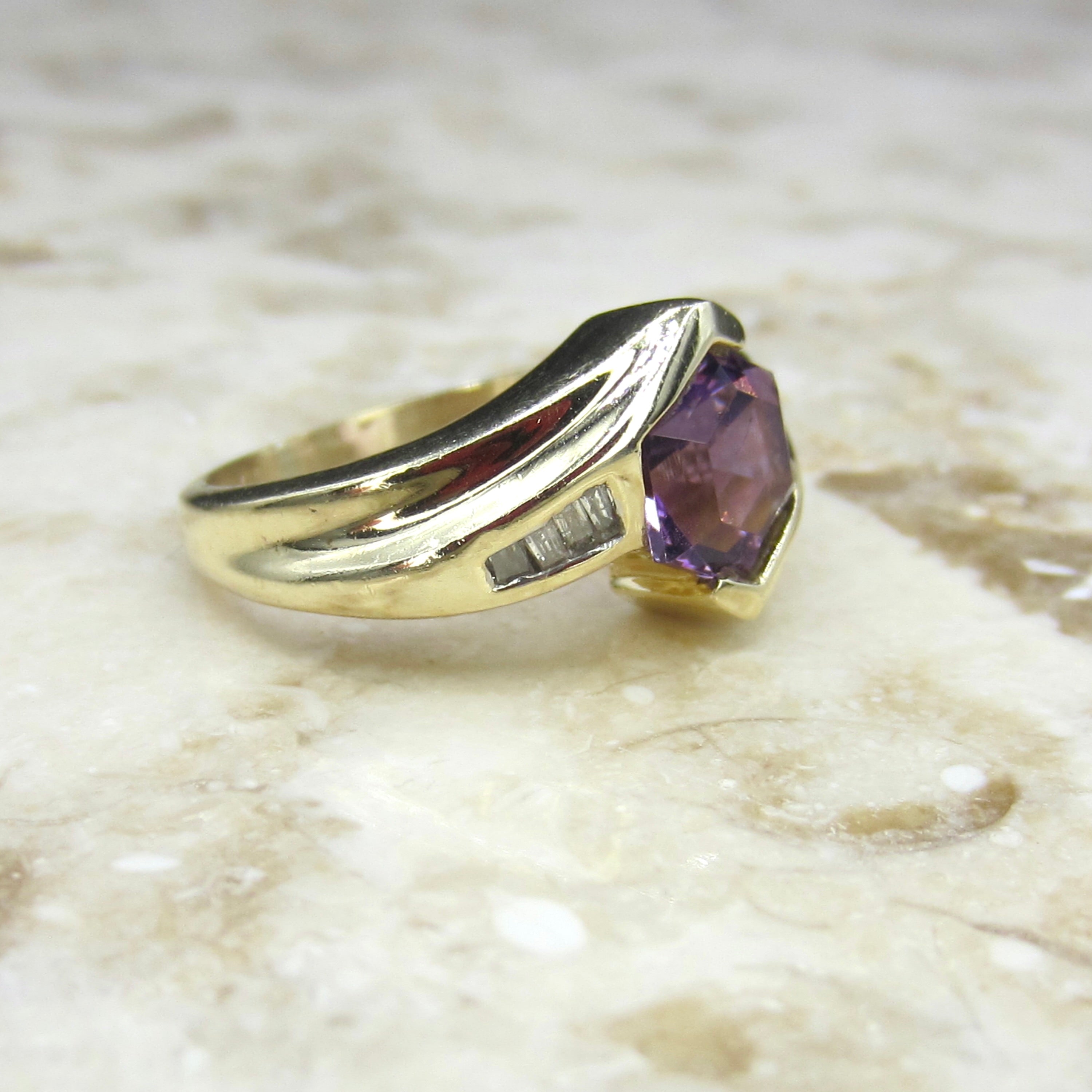 Vintage 14k Gold Hexagon Amethyst and Diamond Ring c.1990s