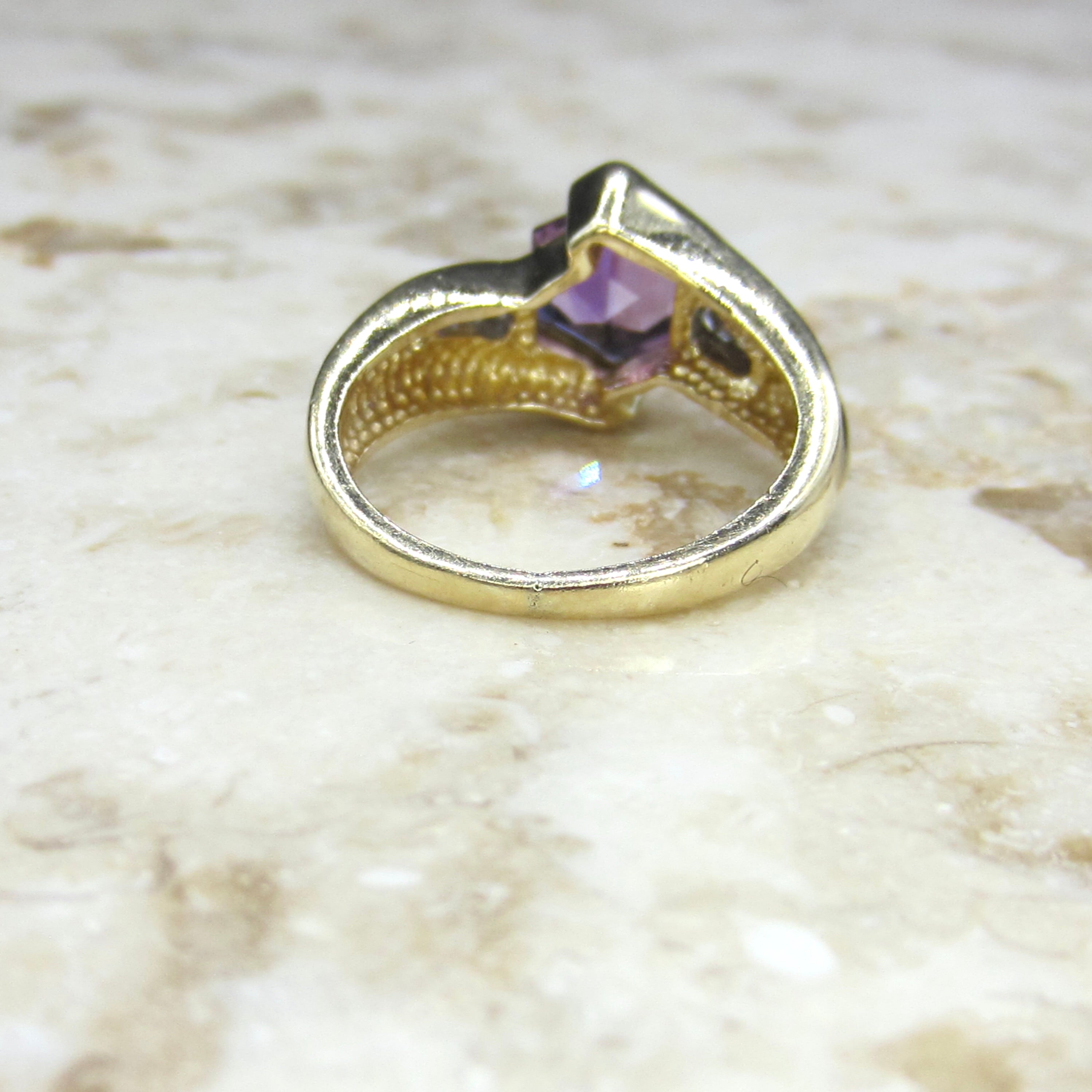 Vintage 14k Gold Hexagon Amethyst and Diamond Ring c.1990s