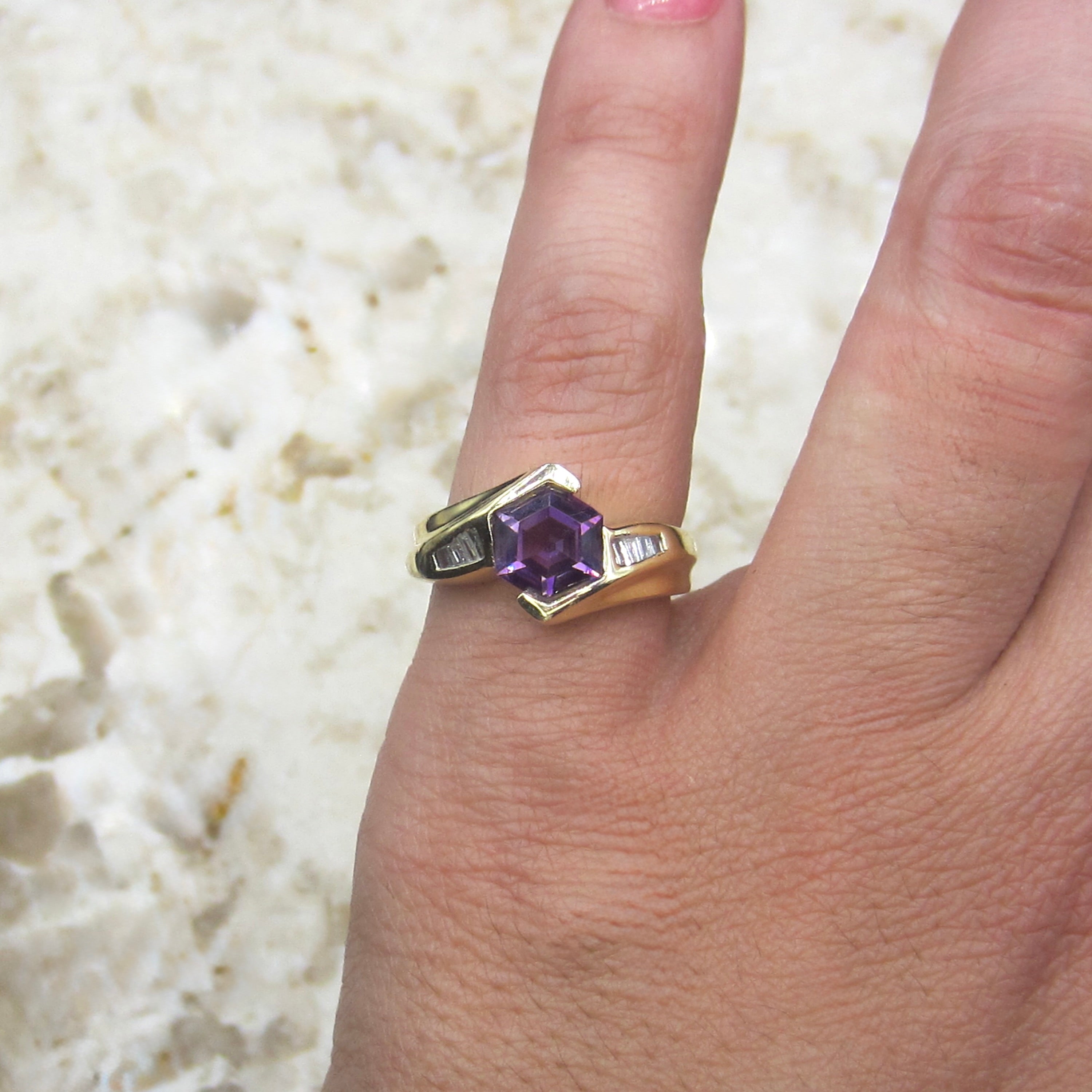 Vintage 14k Gold Hexagon Amethyst and Diamond Ring c.1990s