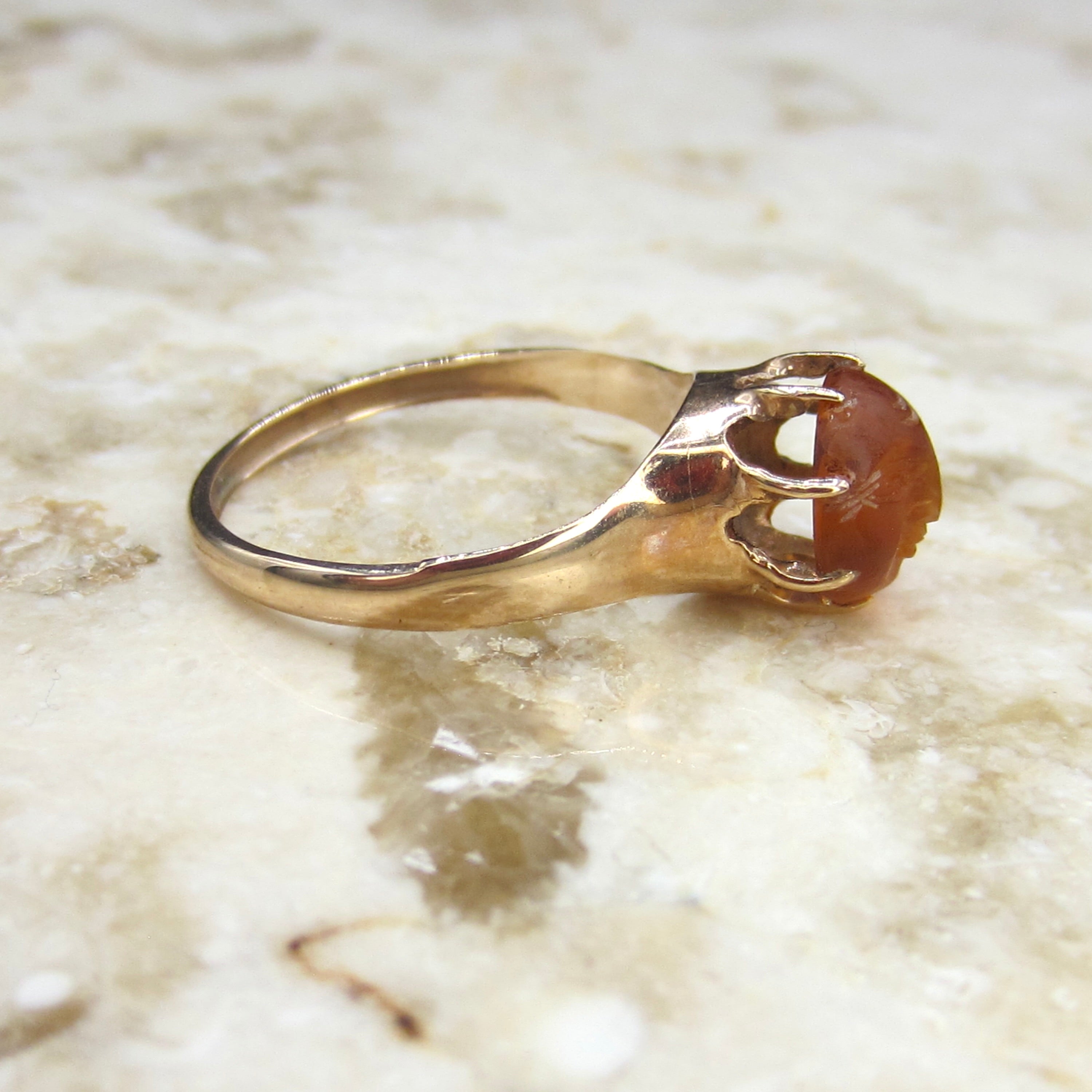 Antique 14k Gold Carved Citrine Man In The Moon Ring