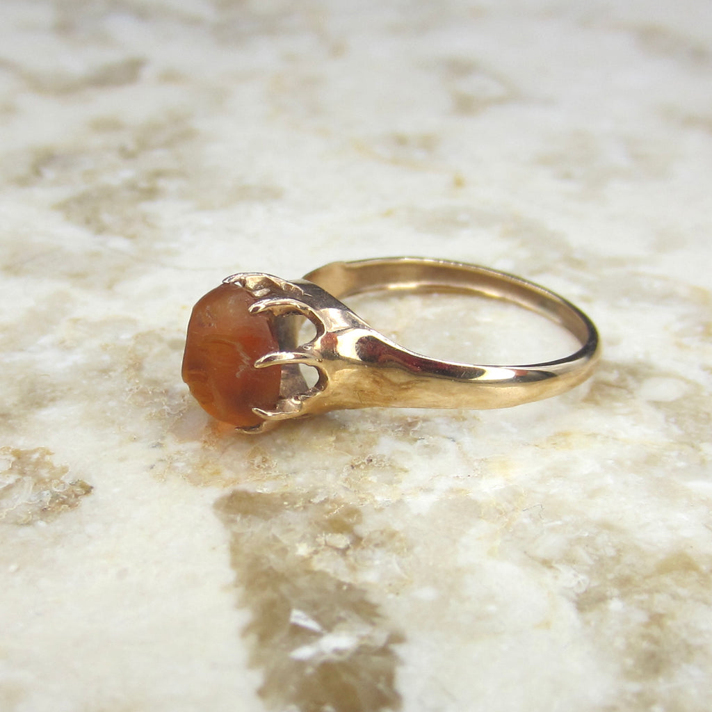 Antique 14k Gold Carved Citrine Man In The Moon Ring