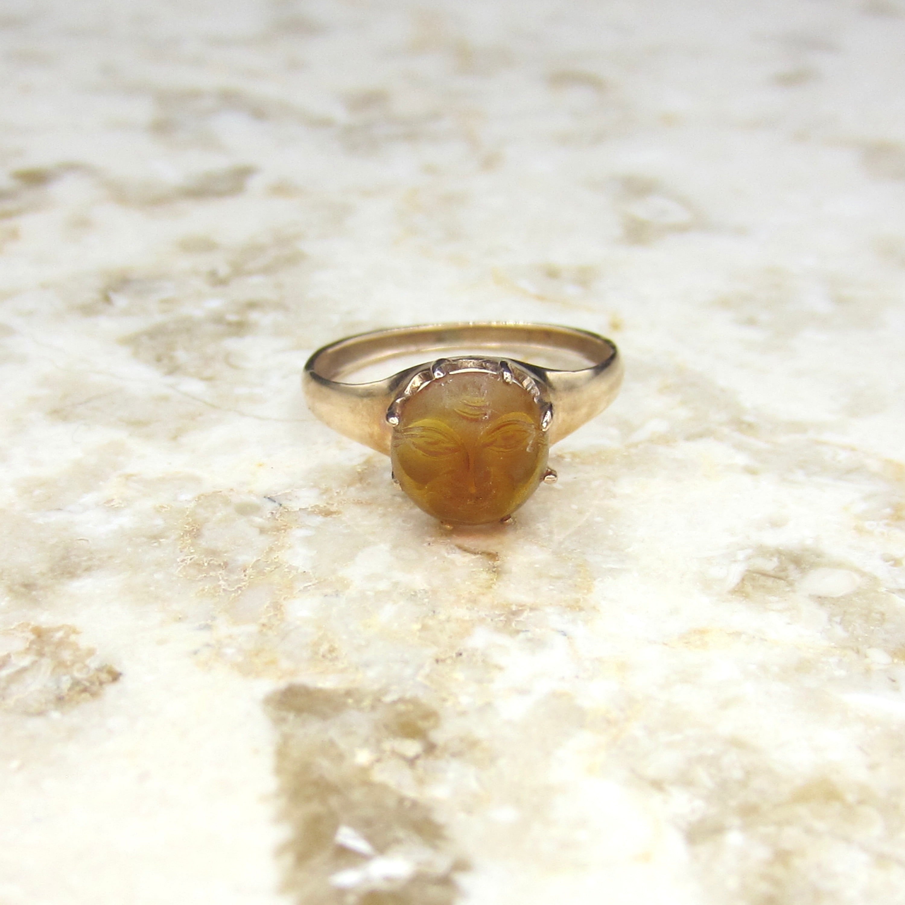 Antique 14k Gold Carved Citrine Man In The Moon Ring