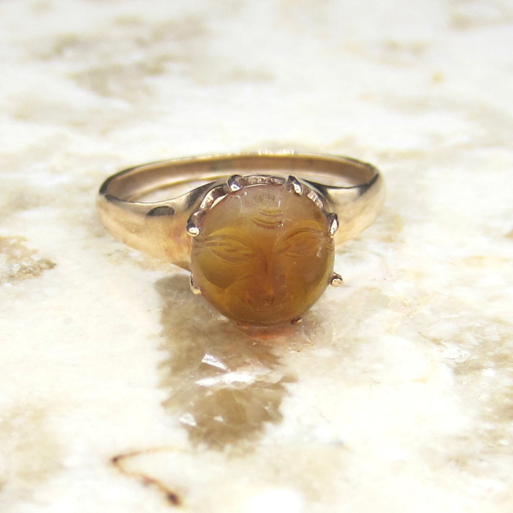 Antique 14k Gold Carved Citrine Man In The Moon Ring