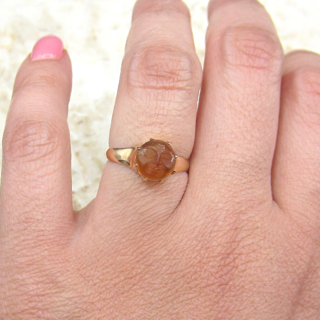 Antique 14k Gold Carved Citrine Man In The Moon Ring