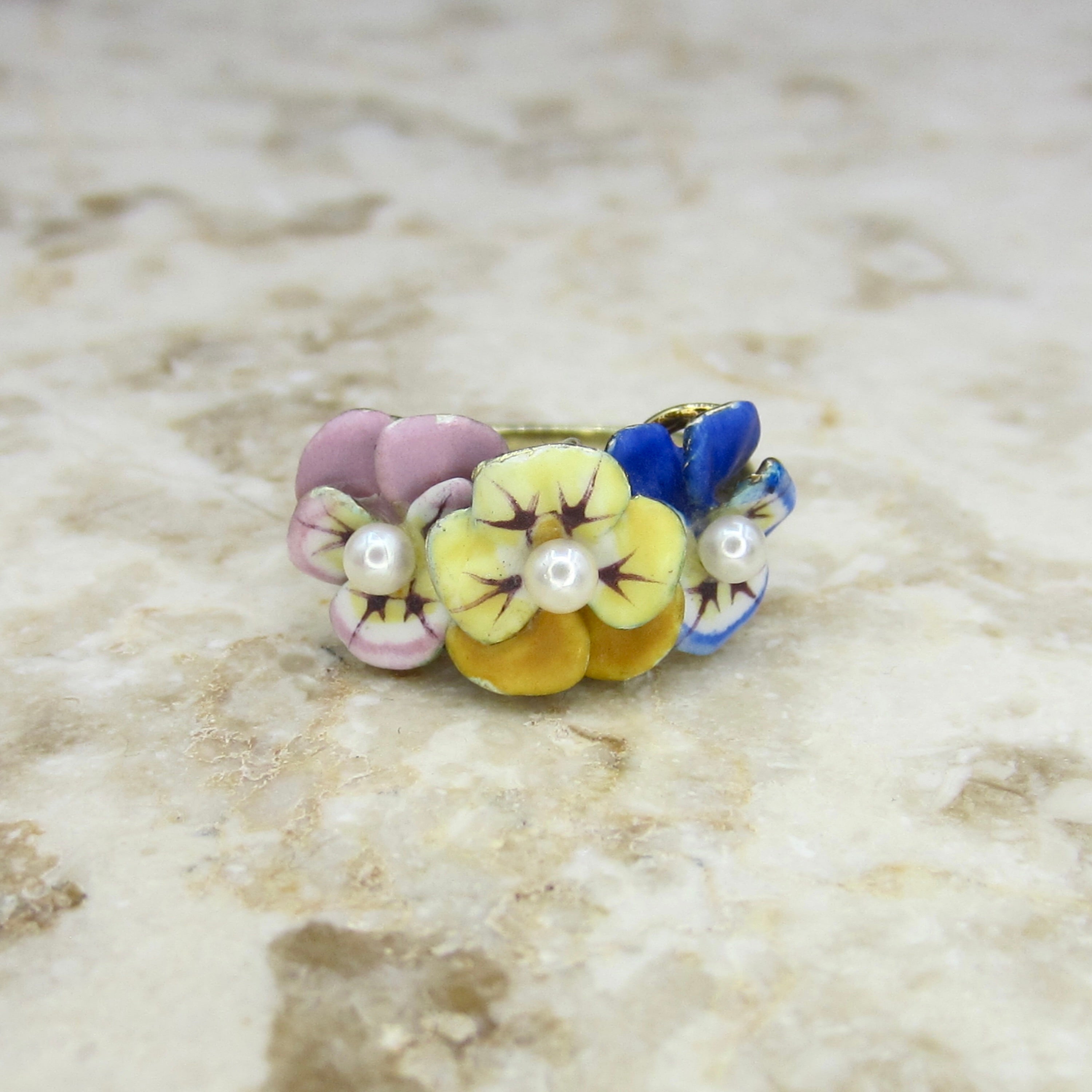 Antique Larter and Sons Art Nouveau 14k Enamel Triple Pansy Ring with Pearl