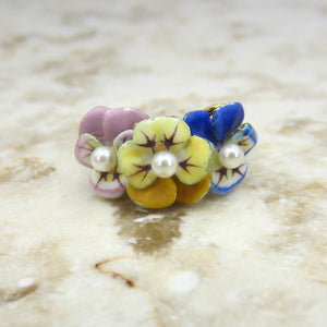 Antique Larter and Sons Art Nouveau 14k Enamel Triple Pansy Ring with Pearl