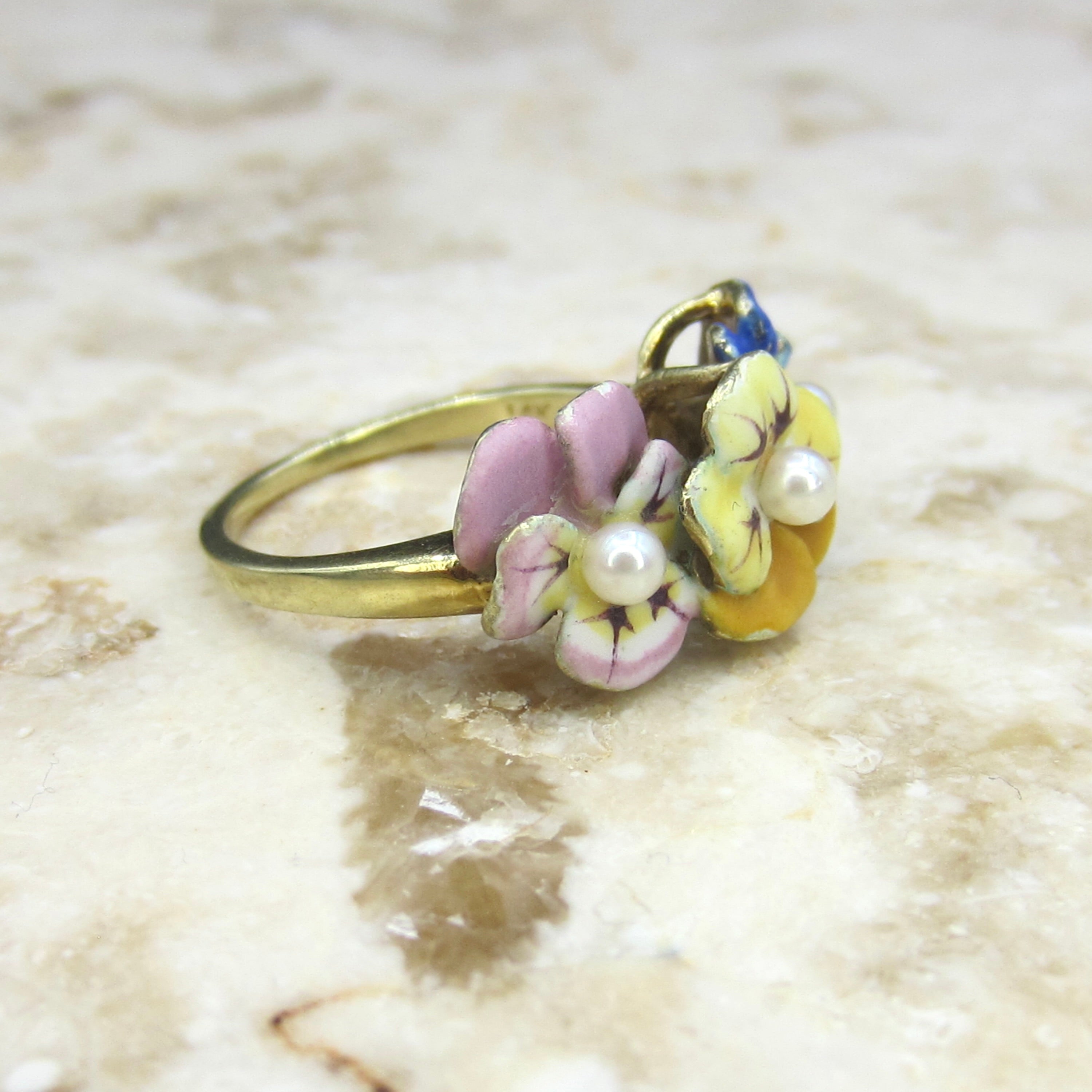 Antique Larter and Sons Art Nouveau 14k Enamel Triple Pansy Ring with Pearl