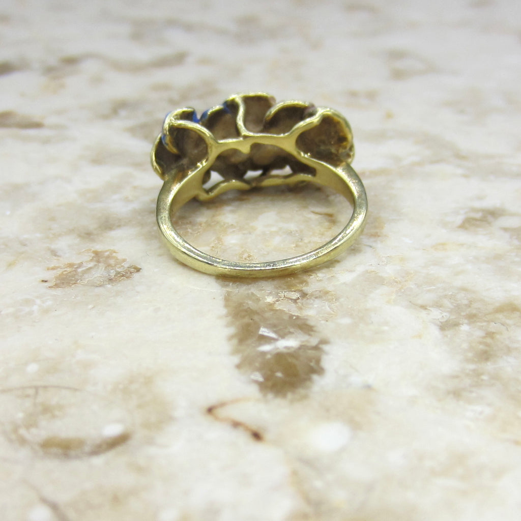 Antique Larter and Sons Art Nouveau 14k Enamel Triple Pansy Ring with Pearl