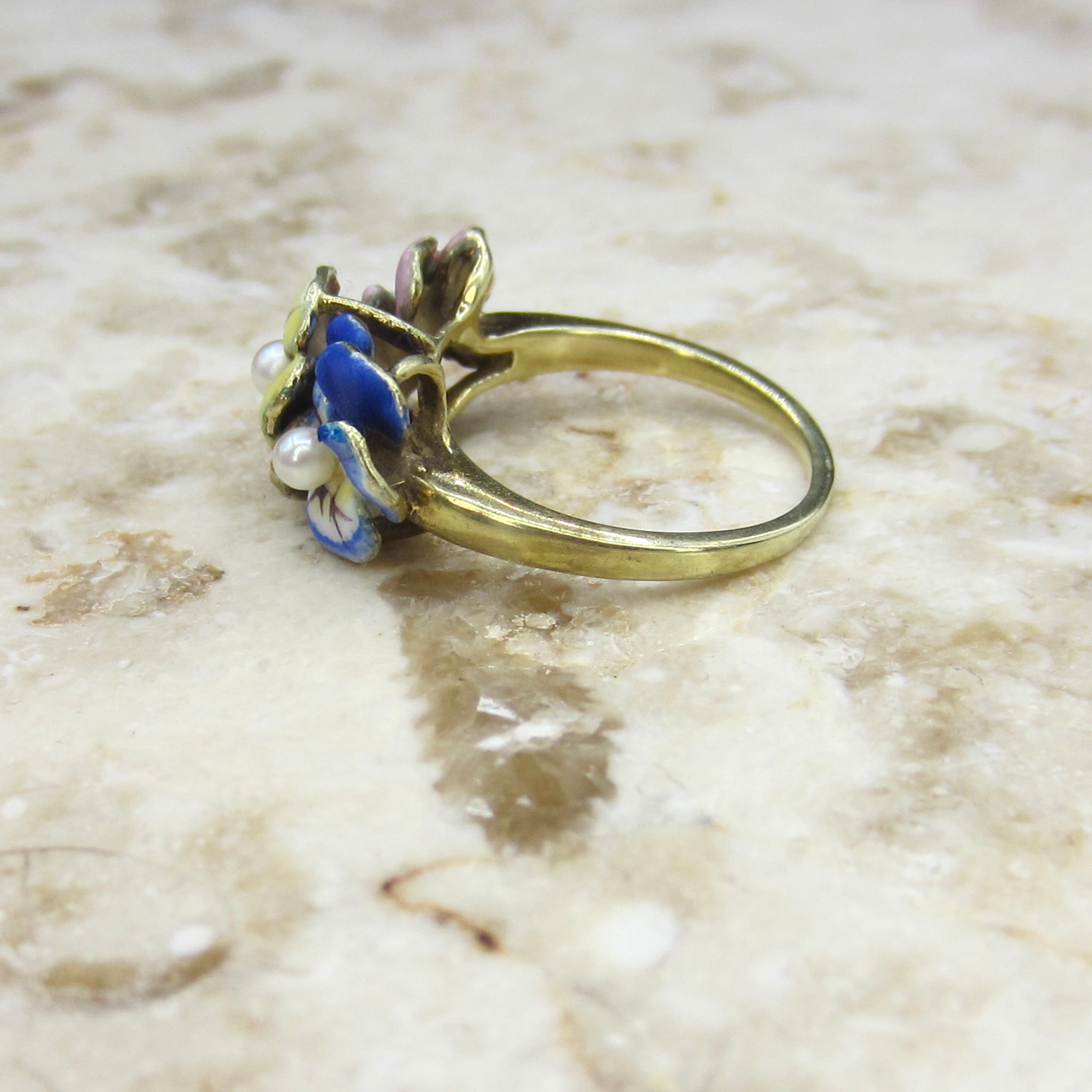 Antique Larter and Sons Art Nouveau 14k Enamel Triple Pansy Ring with Pearl