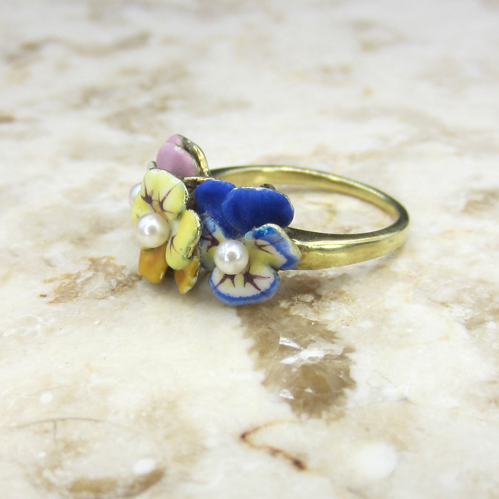 Antique Larter and Sons Art Nouveau 14k Enamel Triple Pansy Ring with Pearl