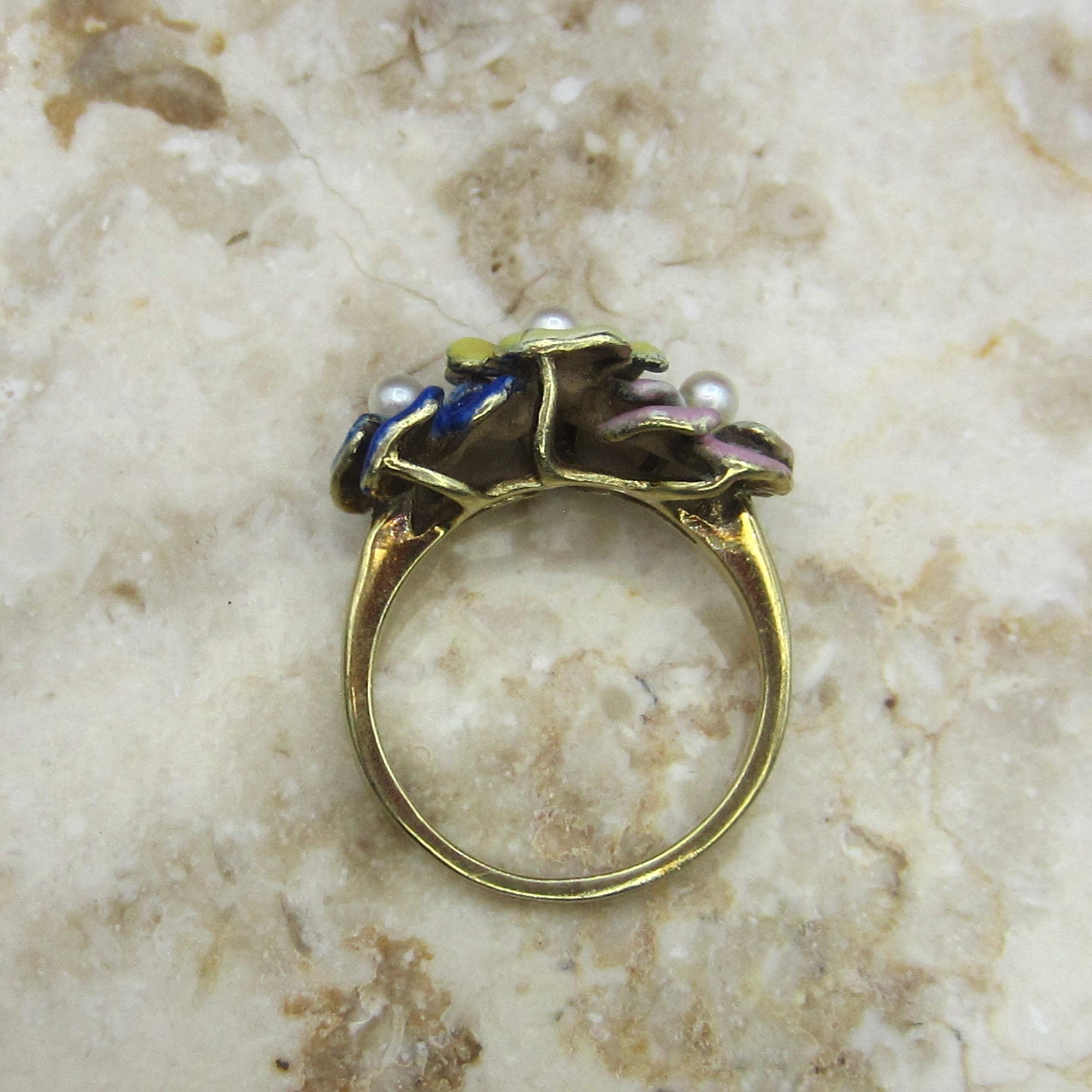 Antique Larter and Sons Art Nouveau 14k Enamel Triple Pansy Ring with Pearl