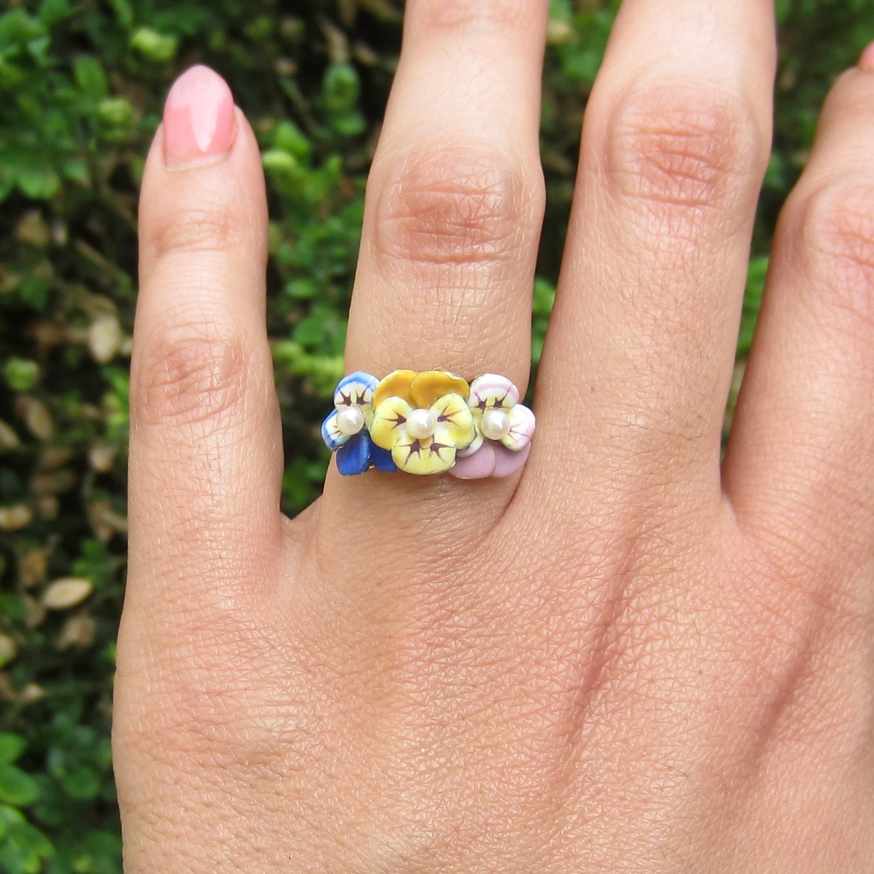 Antique Larter and Sons Art Nouveau 14k Enamel Triple Pansy Ring with Pearl