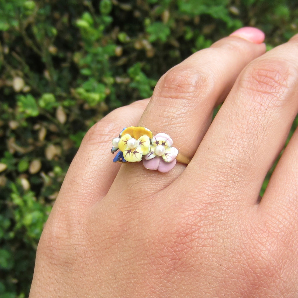 Antique Larter and Sons Art Nouveau 14k Enamel Triple Pansy Ring with Pearl