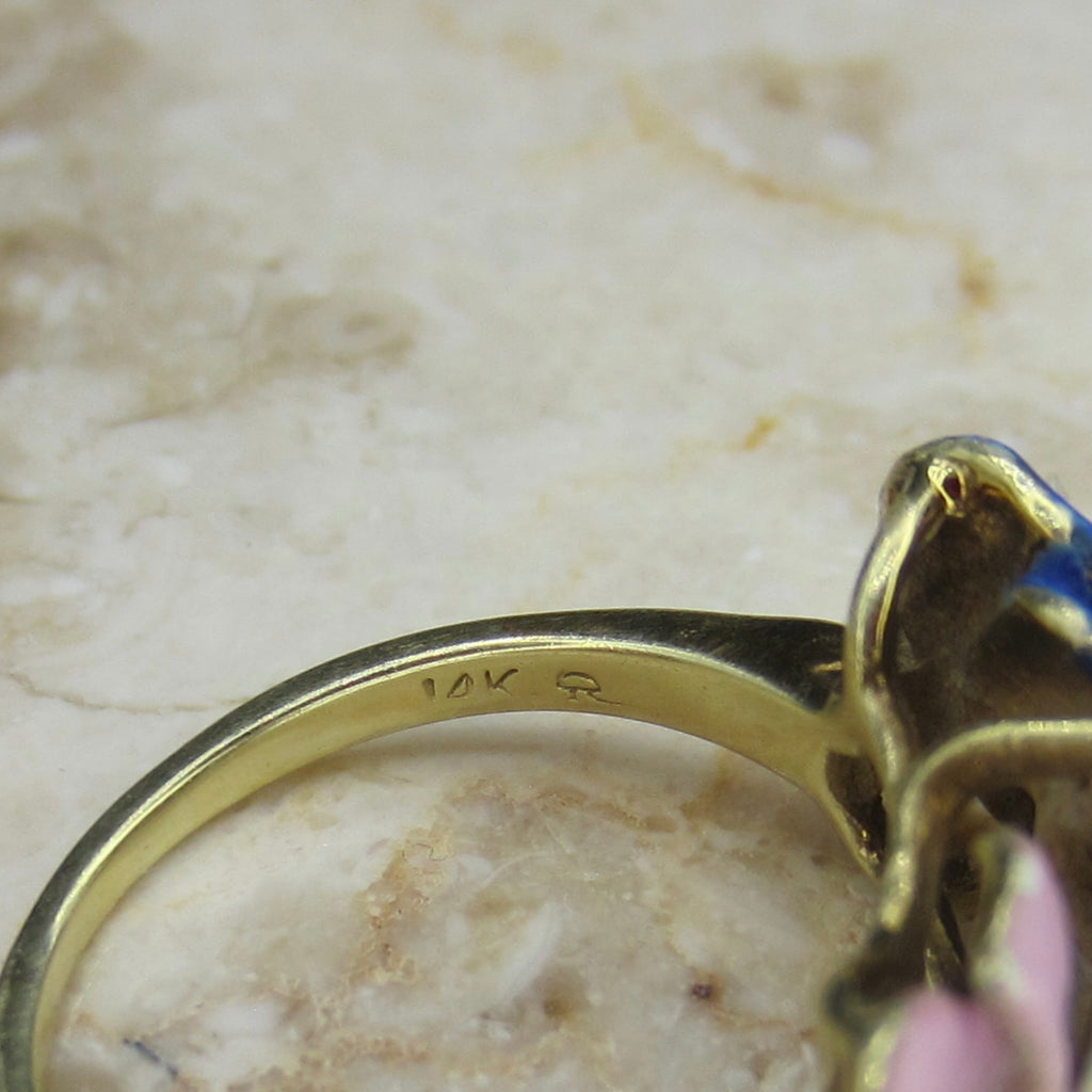 Antique Larter and Sons Art Nouveau 14k Enamel Triple Pansy Ring with Pearl