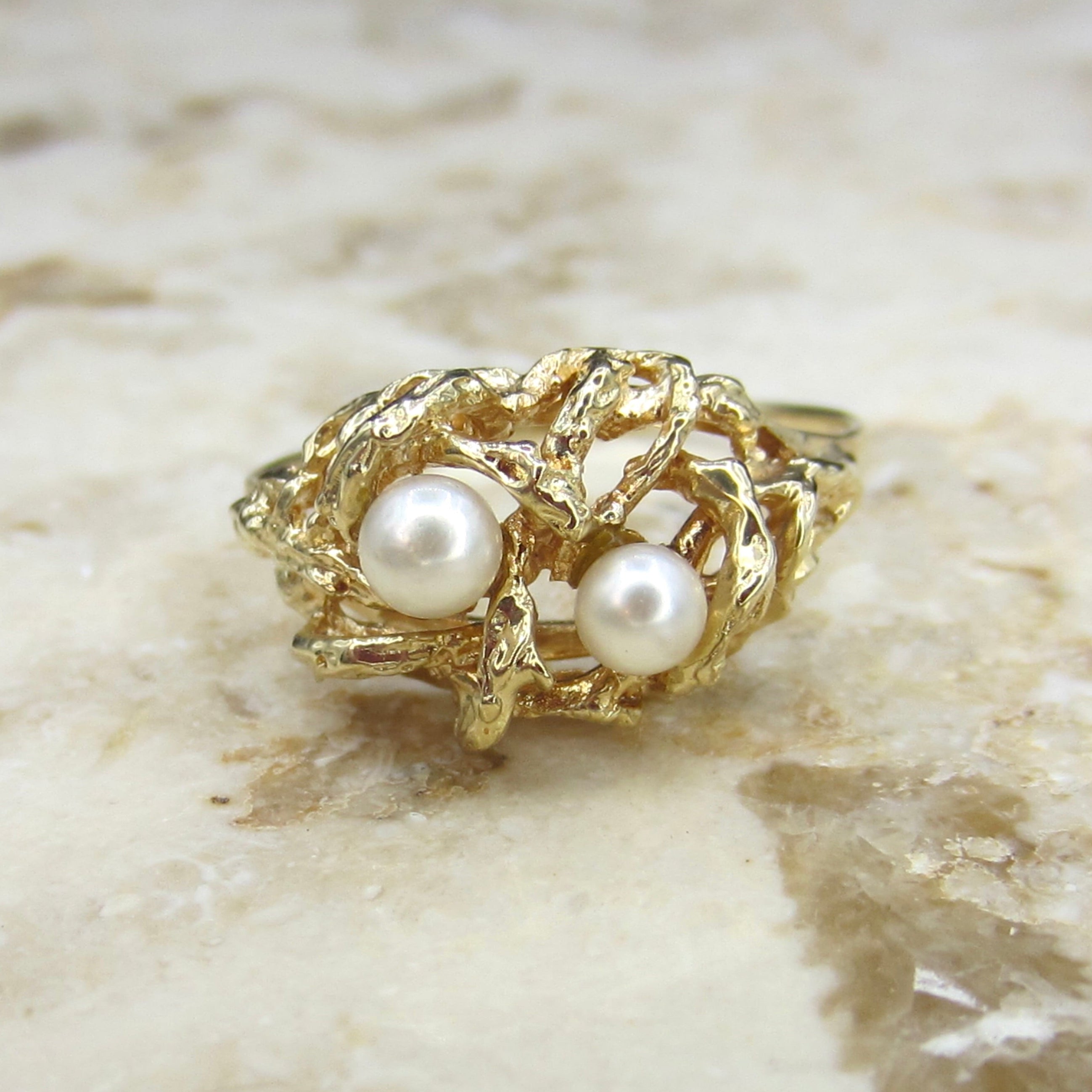 Vintage 14k Gold and Pearl Brutalist Birds Nest Ring c.1970s